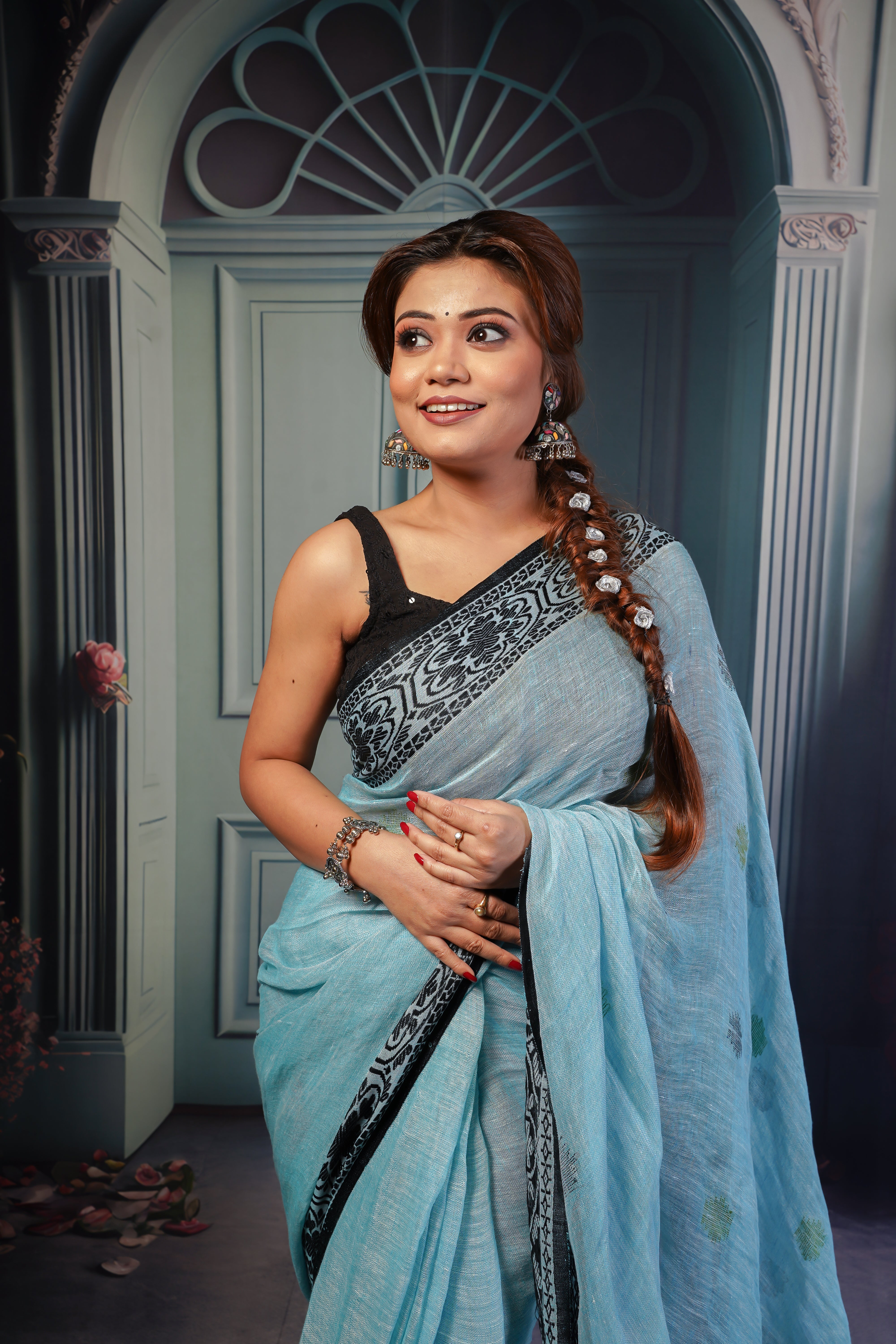 Sky Blue & Black Linen Woven Jamdani Saree