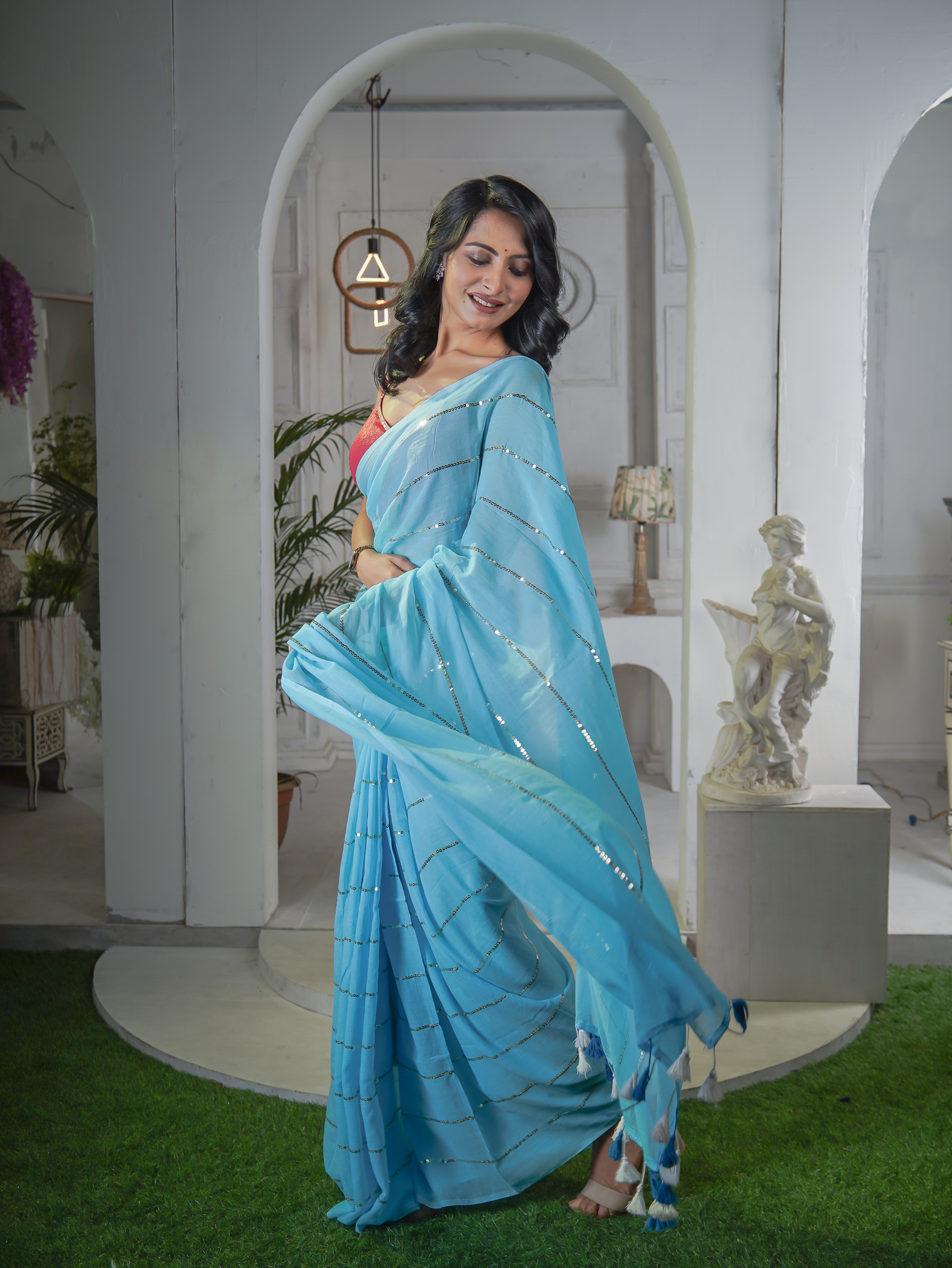 Sky Blue Mulmul Cotton Saree All Over Sequence Work