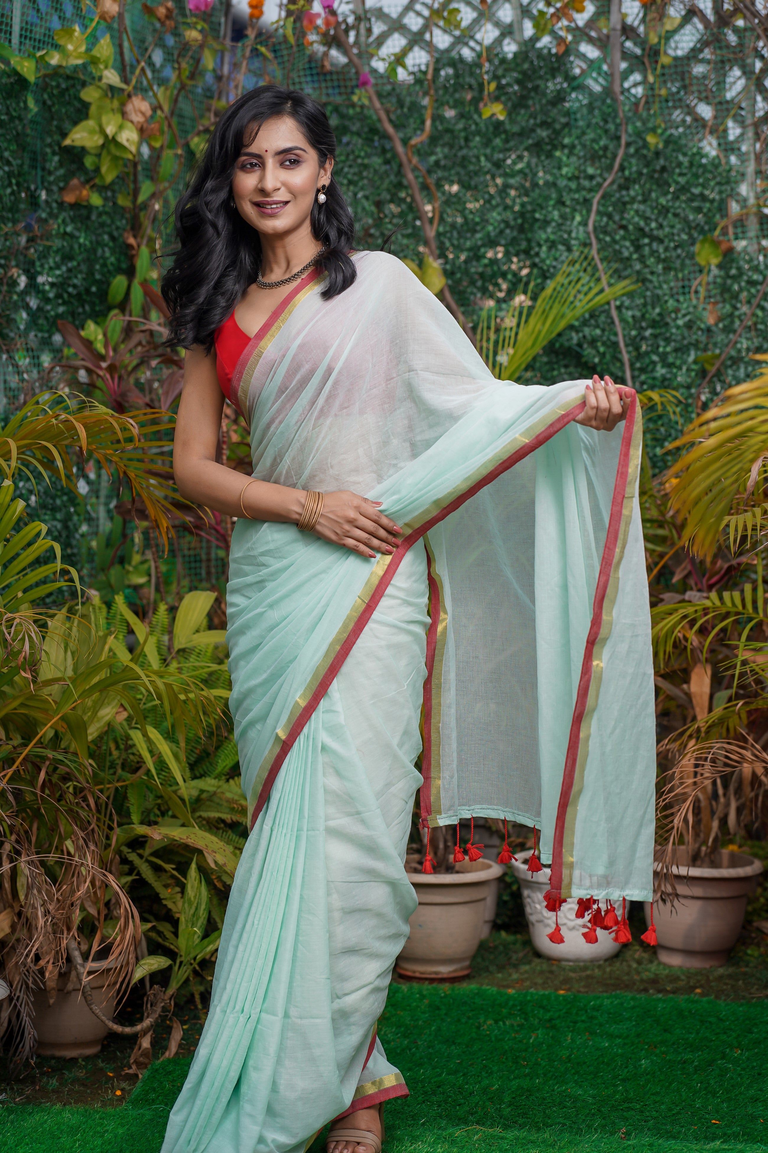 Turquoise Blue Mul Mul Cotton Saree With Red Golden Border