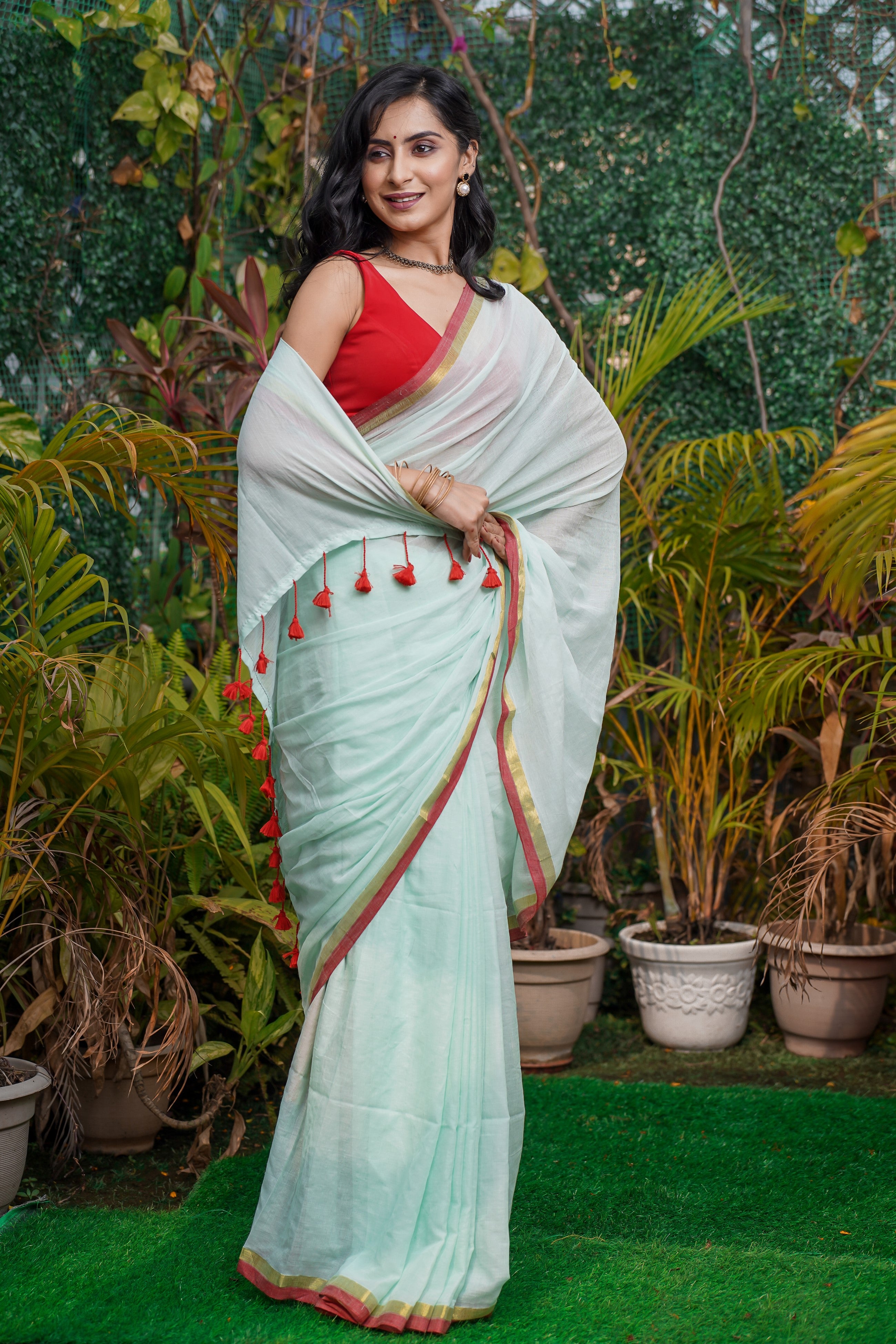 Turquoise Blue Mul Mul Cotton Saree With Red Golden Border