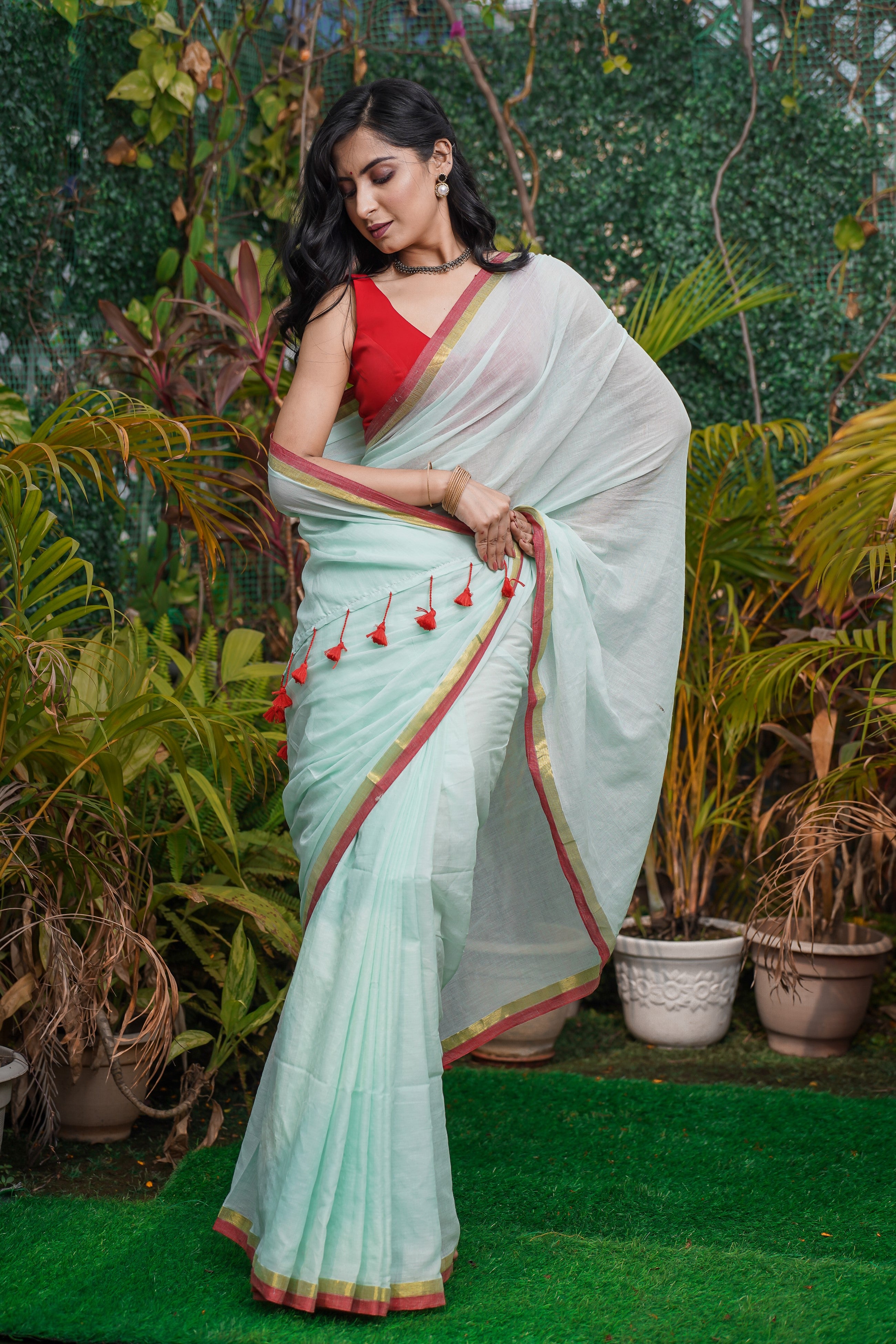 Turquoise Blue Mul Mul Cotton Saree With Red Golden Border