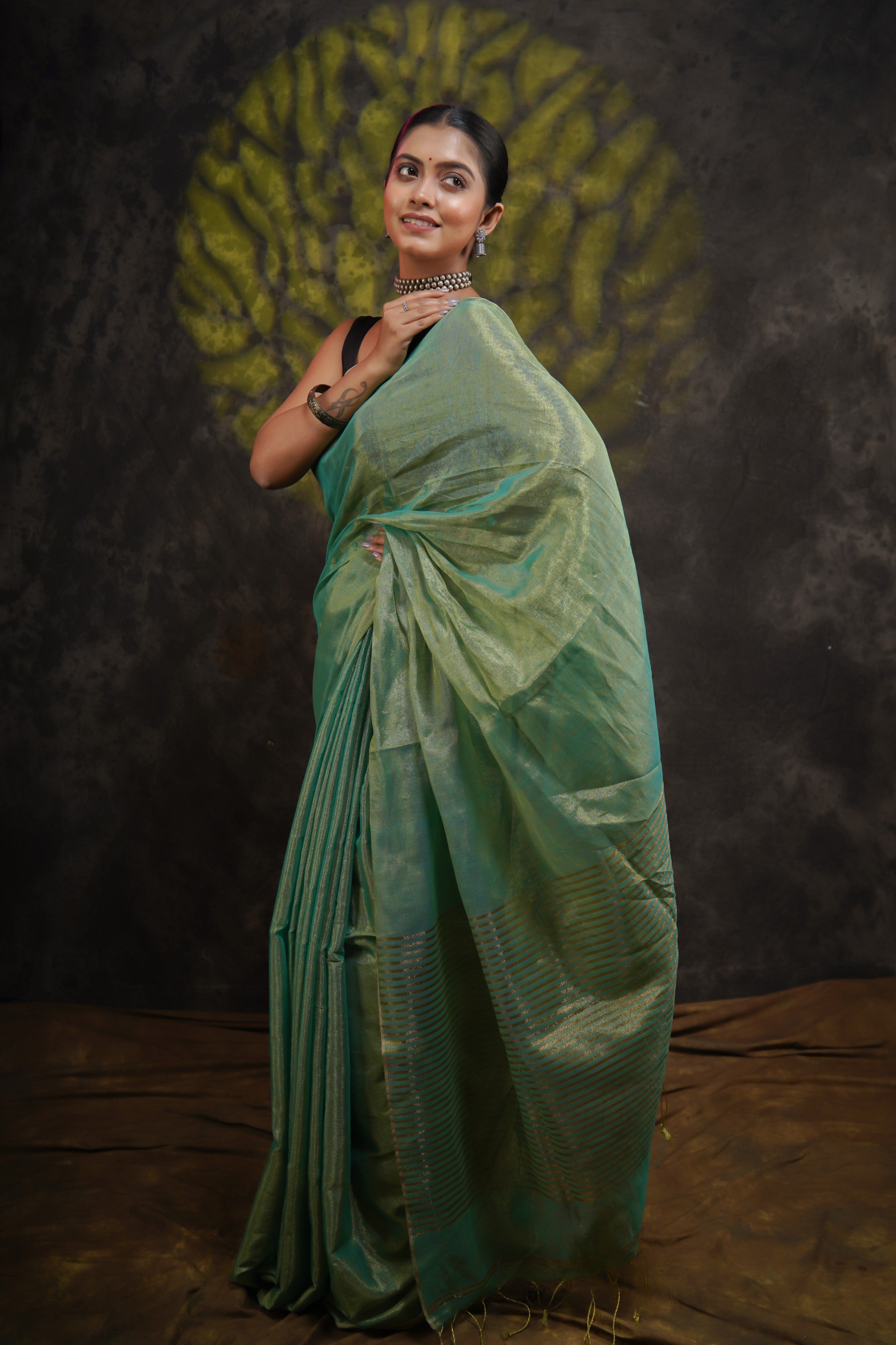Viridian Green Dual Tone Pure Tissue Linen Saree