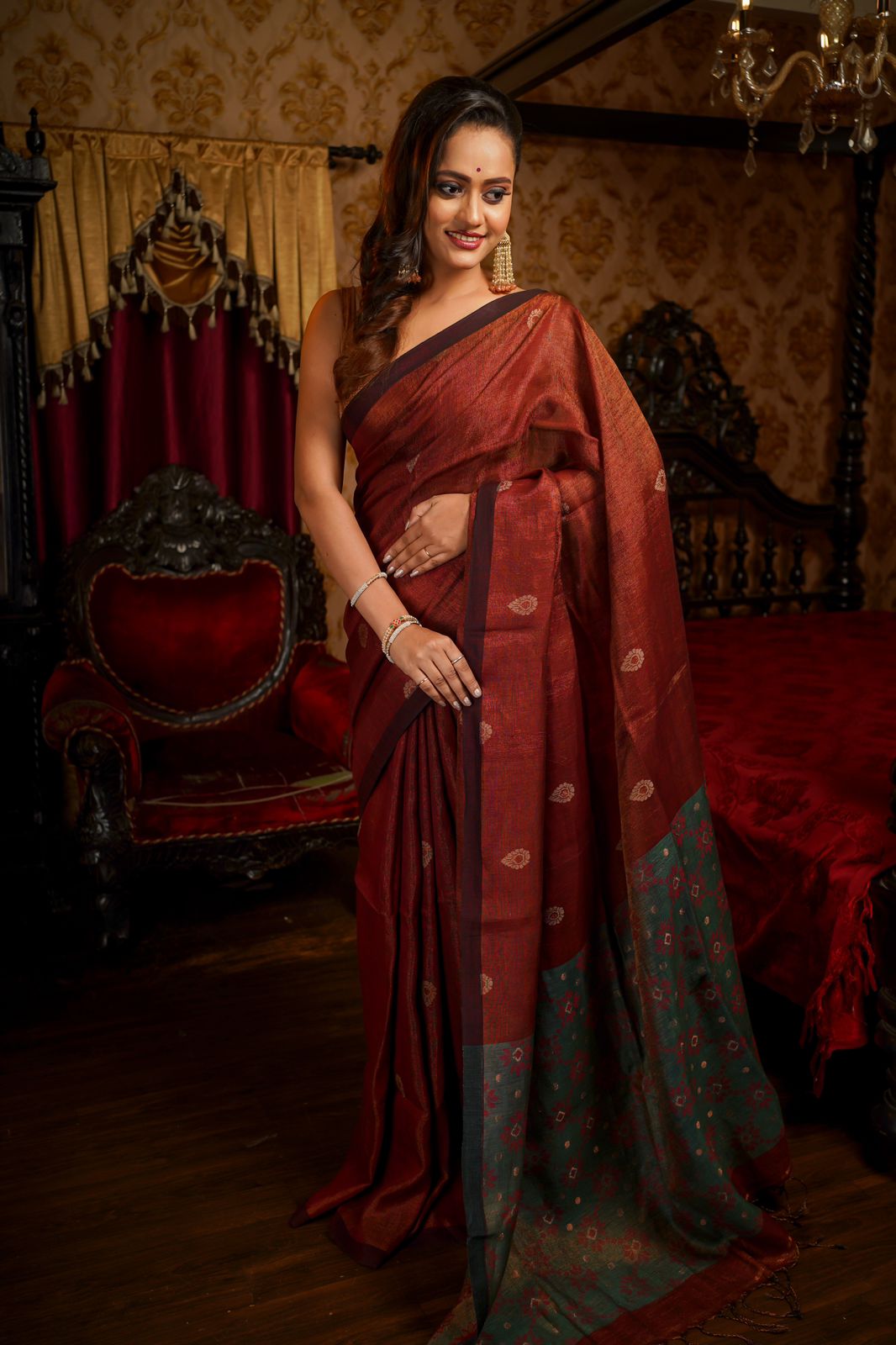 Falu red pure tissue Mina linen handwoven saree