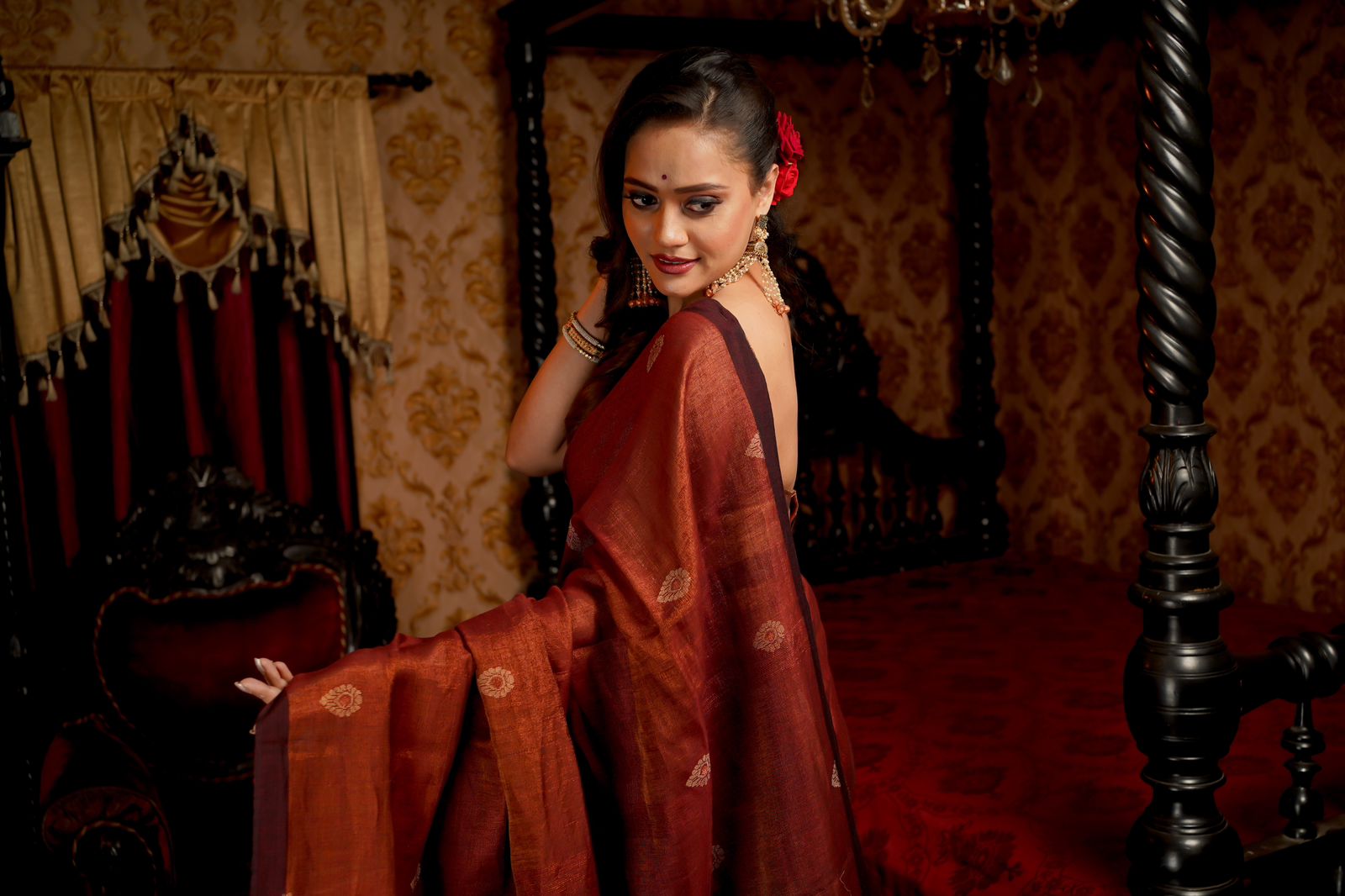 Falu red pure tissue Mina linen handwoven saree