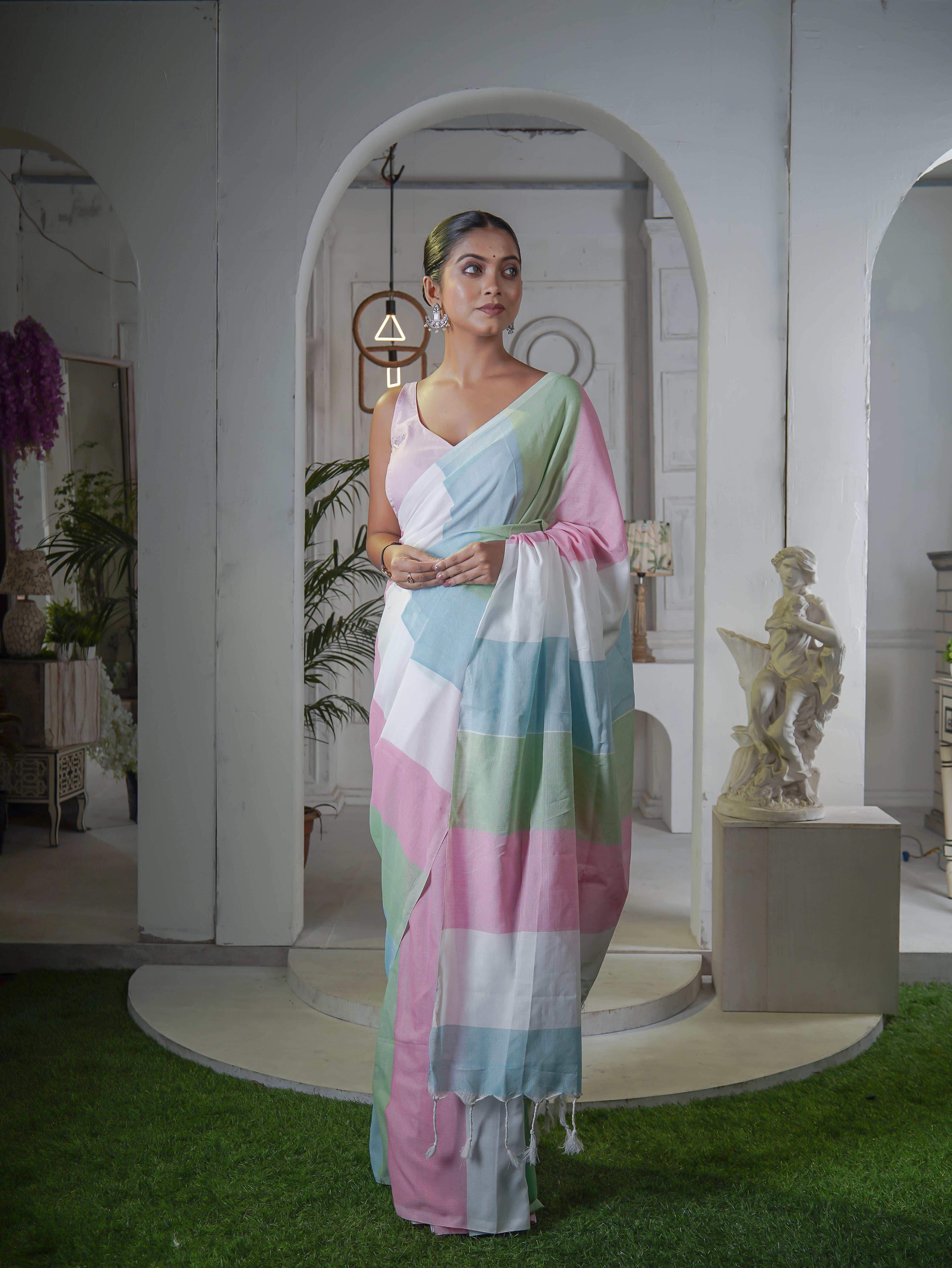 White & Pink Multicoloure Check Khadi Cotton Saree