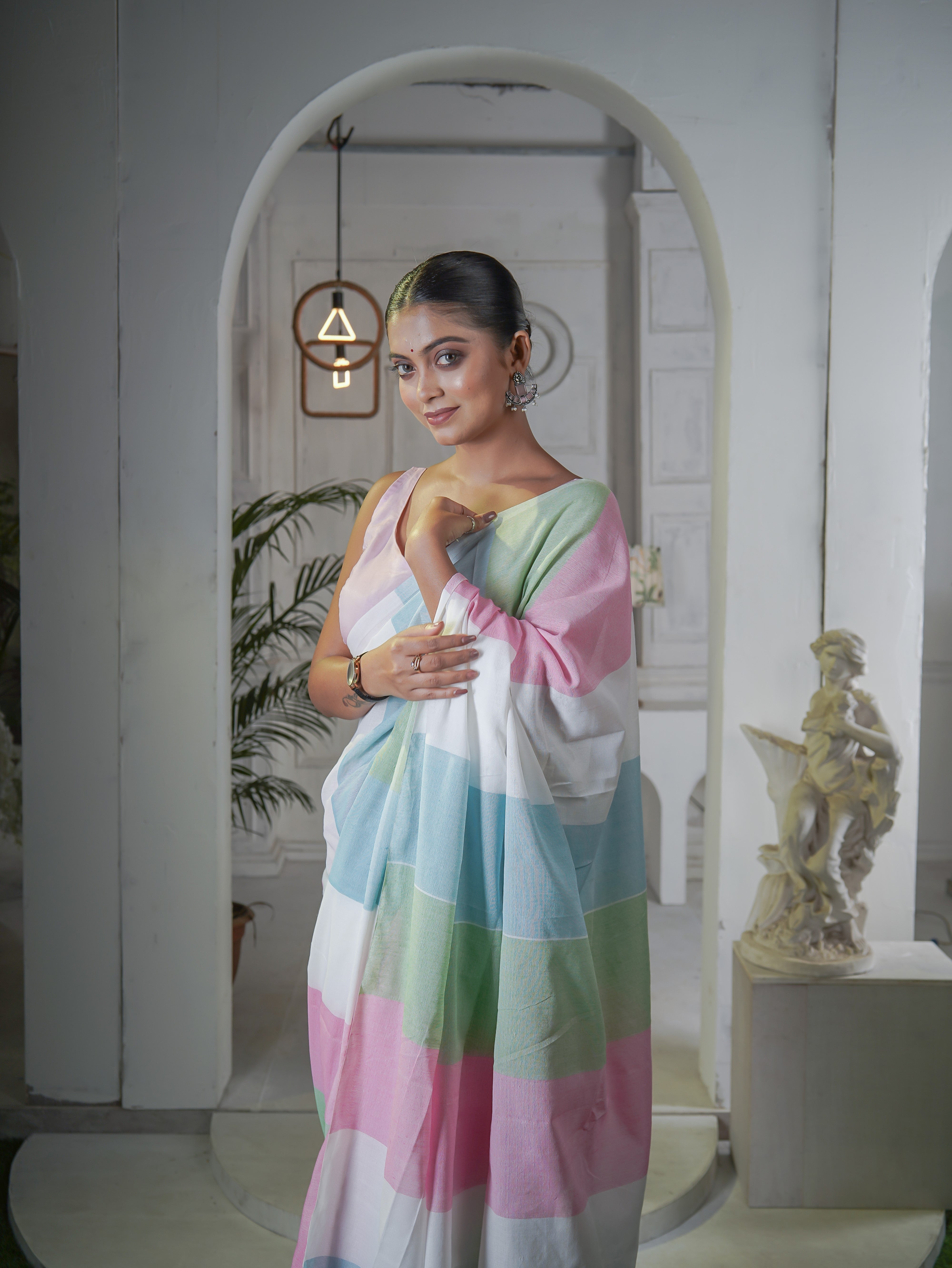 White & Pink Multicoloure Check Khadi Cotton Saree