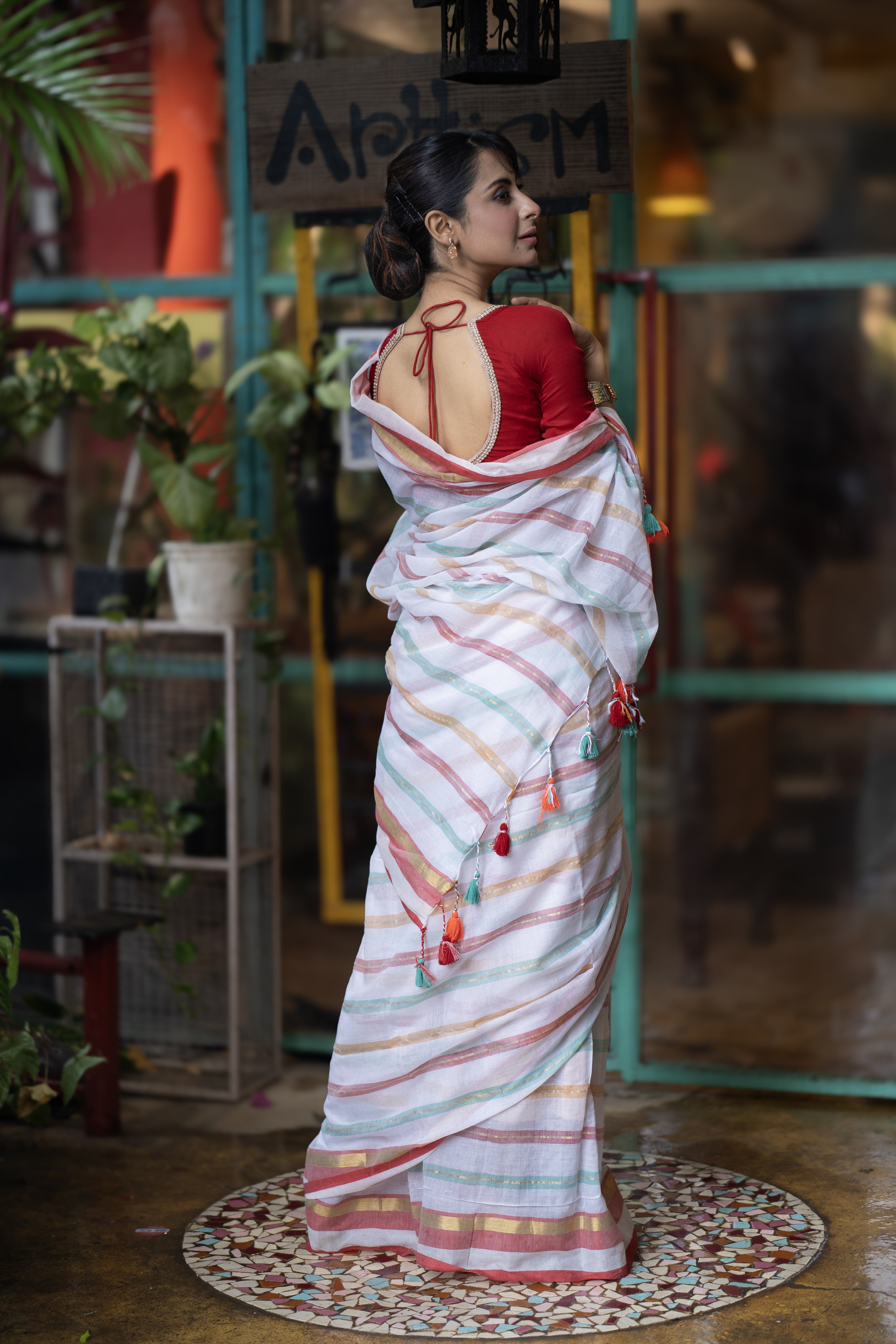 White and Red Striped Mul Mul Cotton Saree