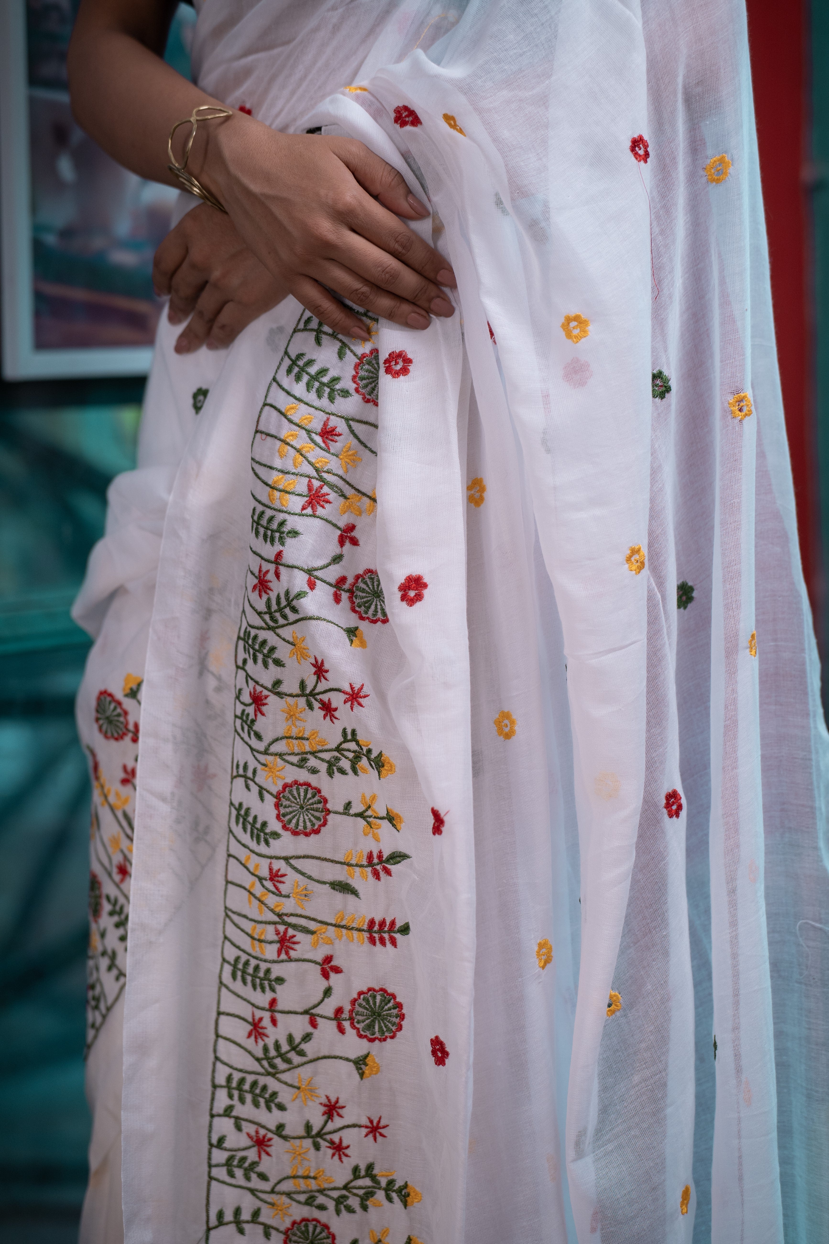 Mul Mul Cotton Embroidery Saree-White