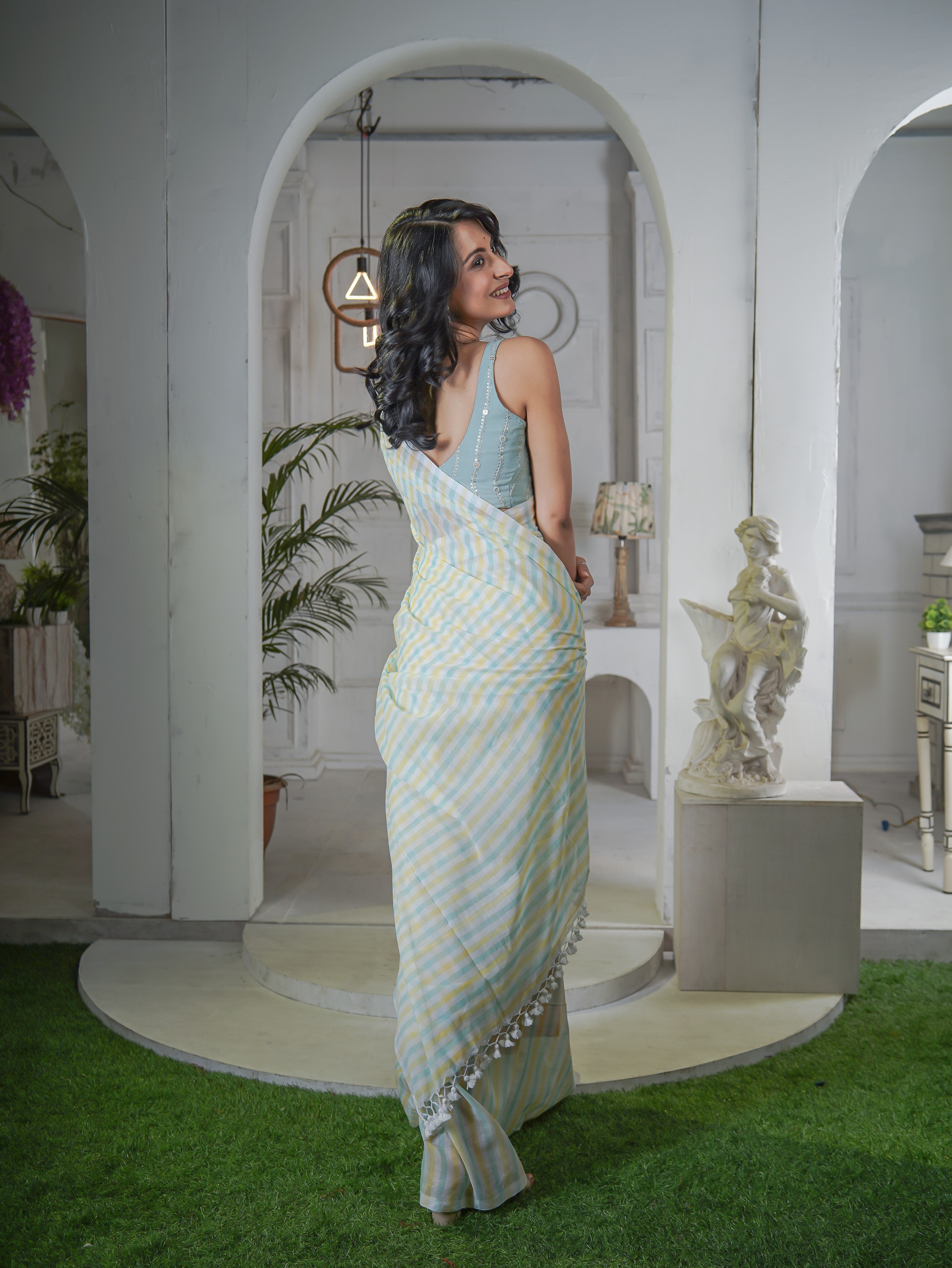 Yellow & Blue Multicolour Stripes Mul Mul Cotton Saree