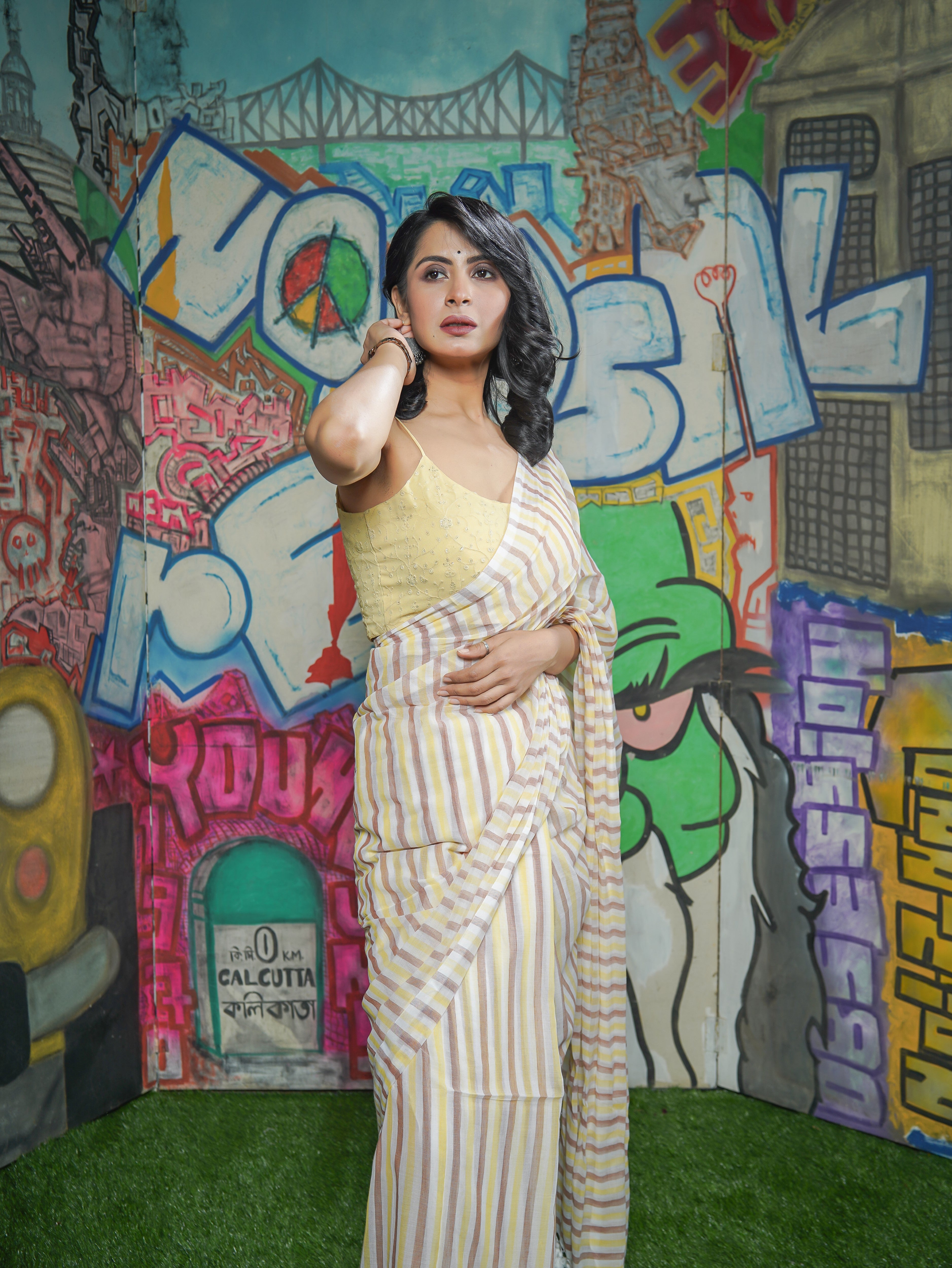 Yellow & Brown Multicolour Stripes Mul Mul Cotton Saree