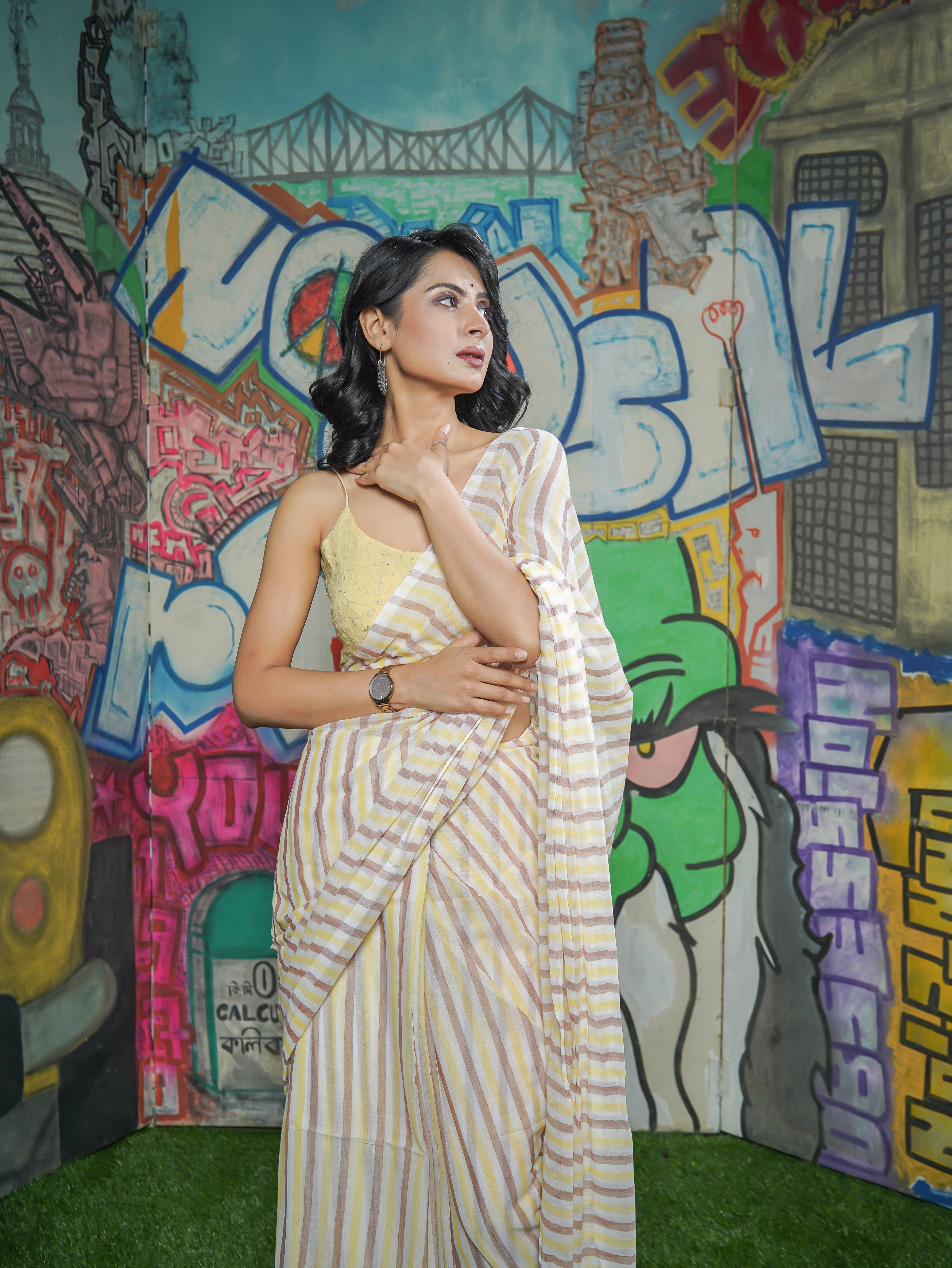 Yellow & Brown Multicolour Stripes Mul Mul Cotton Saree