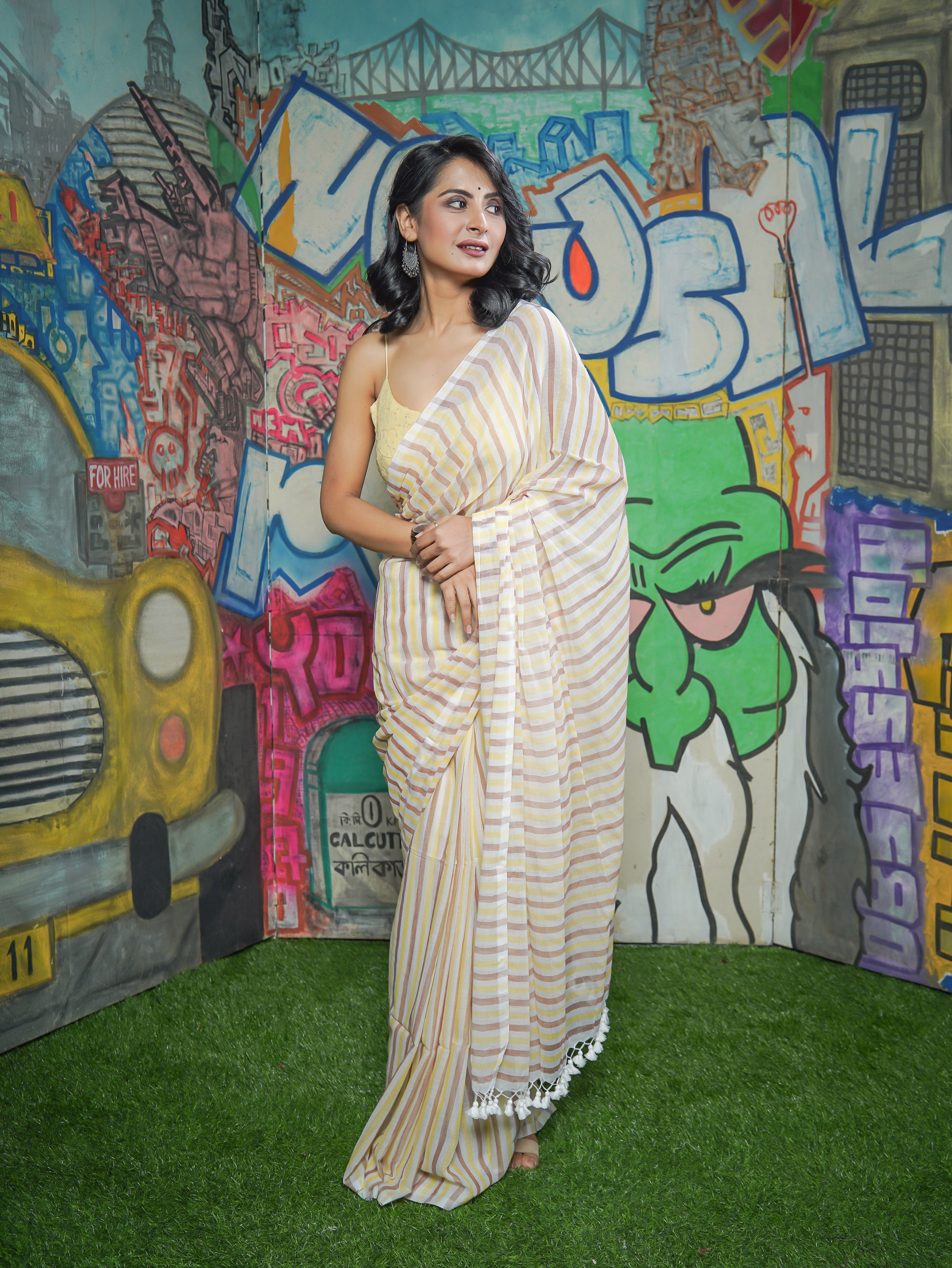 Yellow & Brown Multicolour Stripes Mul Mul Cotton Saree