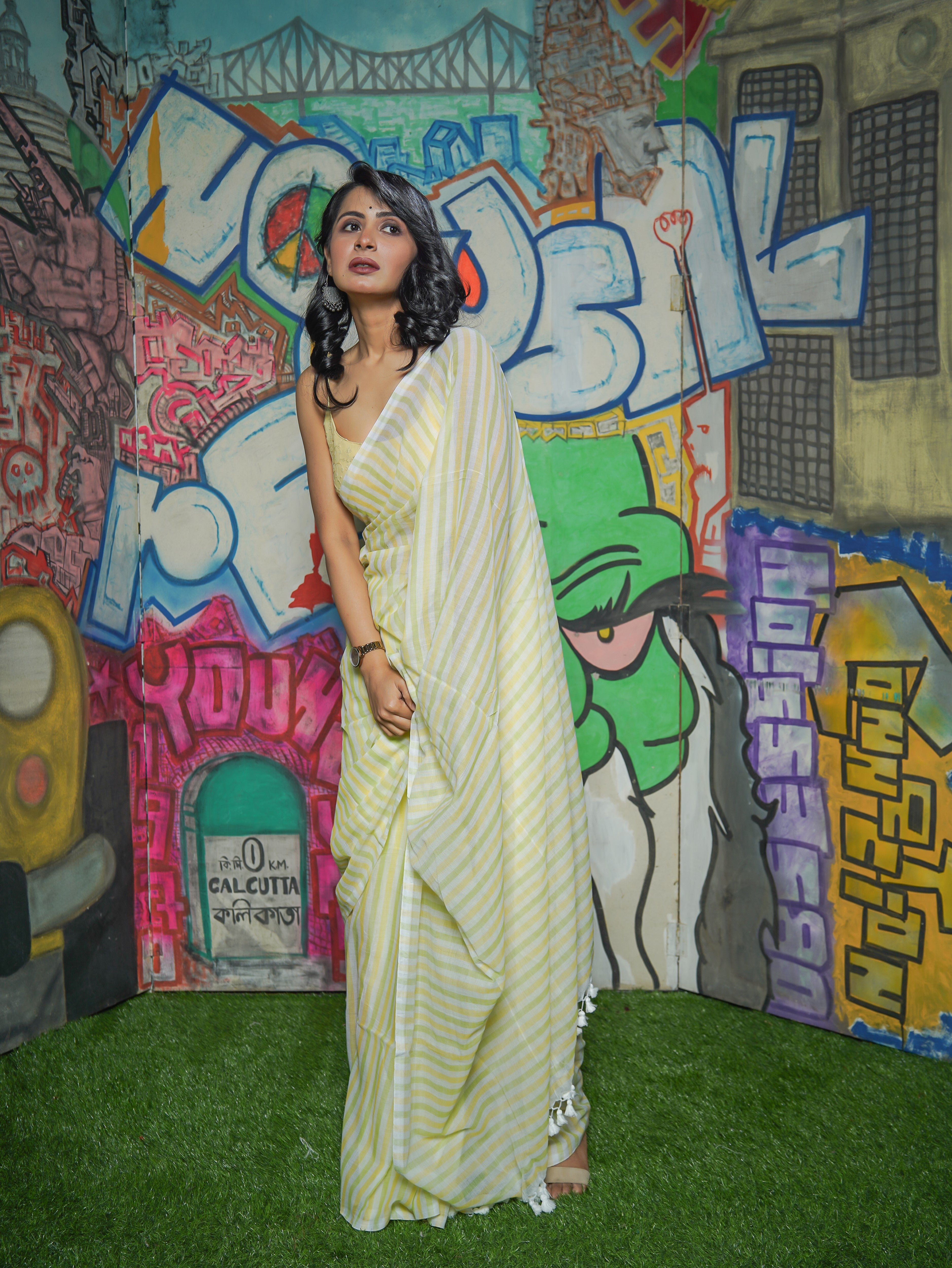 Yellow & Green Multicolour Stripes Mul Mul Cotton Saree