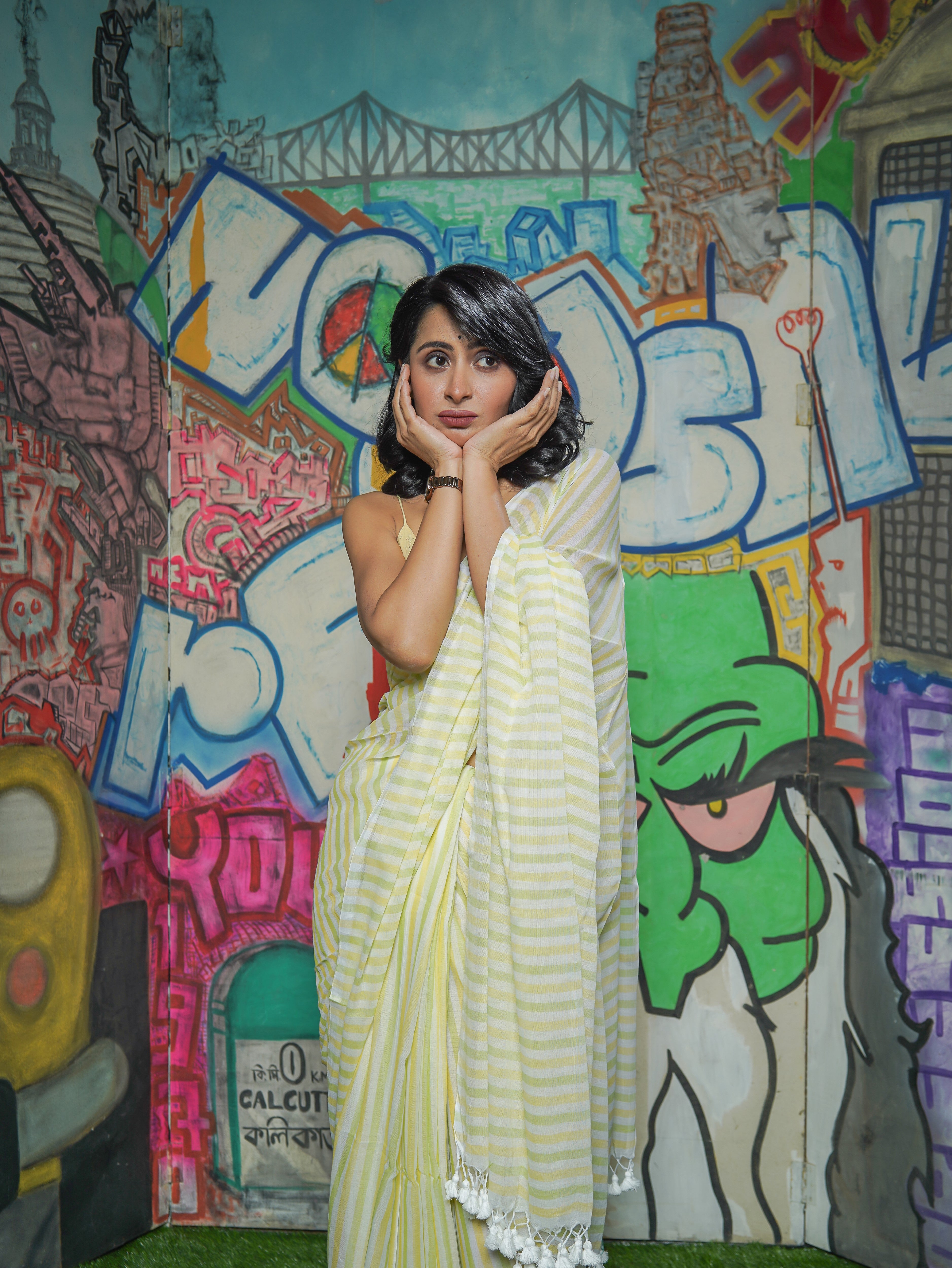 Yellow & Green Multicolour Stripes Mul Mul Cotton Saree