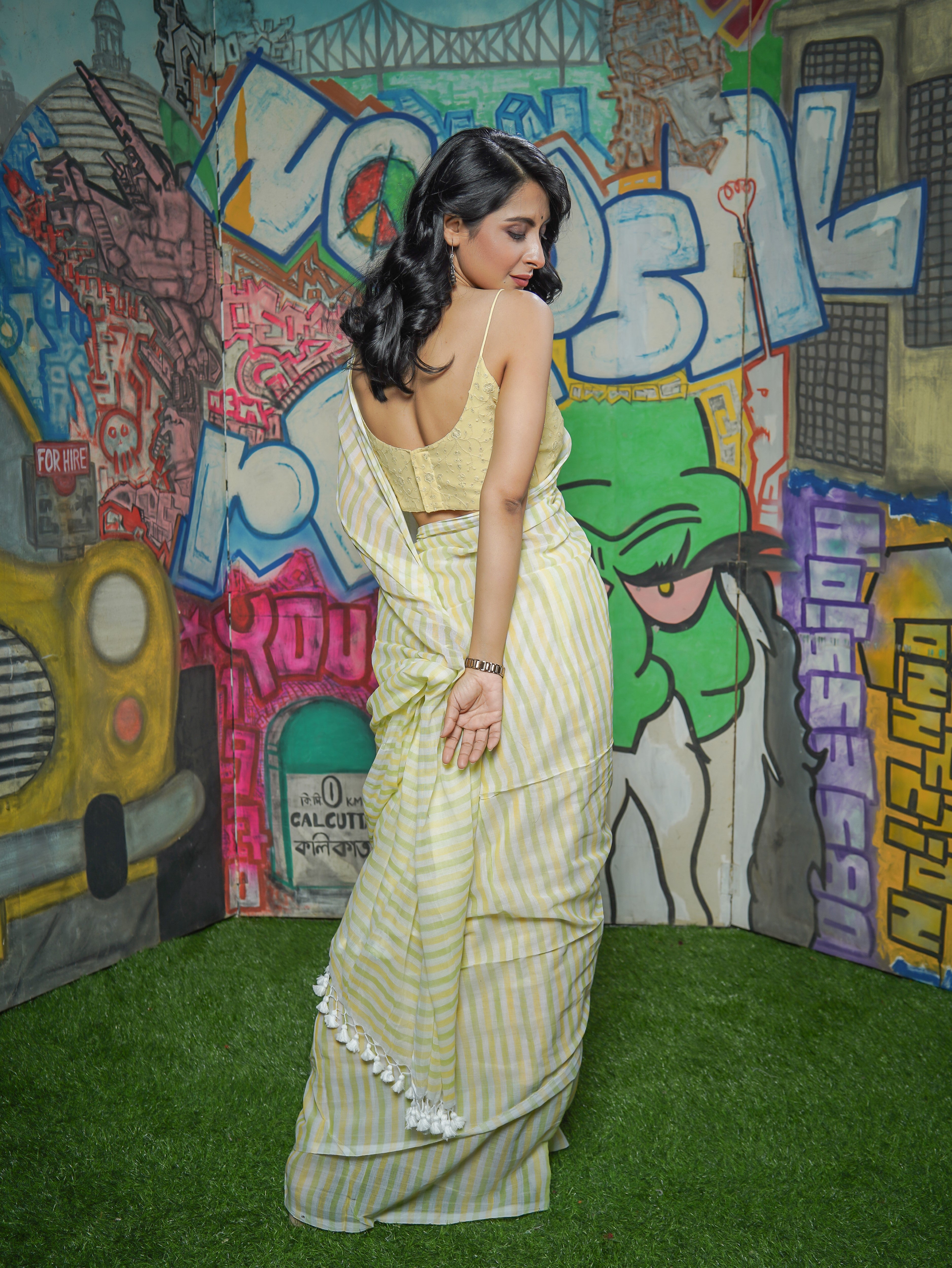 Yellow & Green Multicolour Stripes Mul Mul Cotton Saree