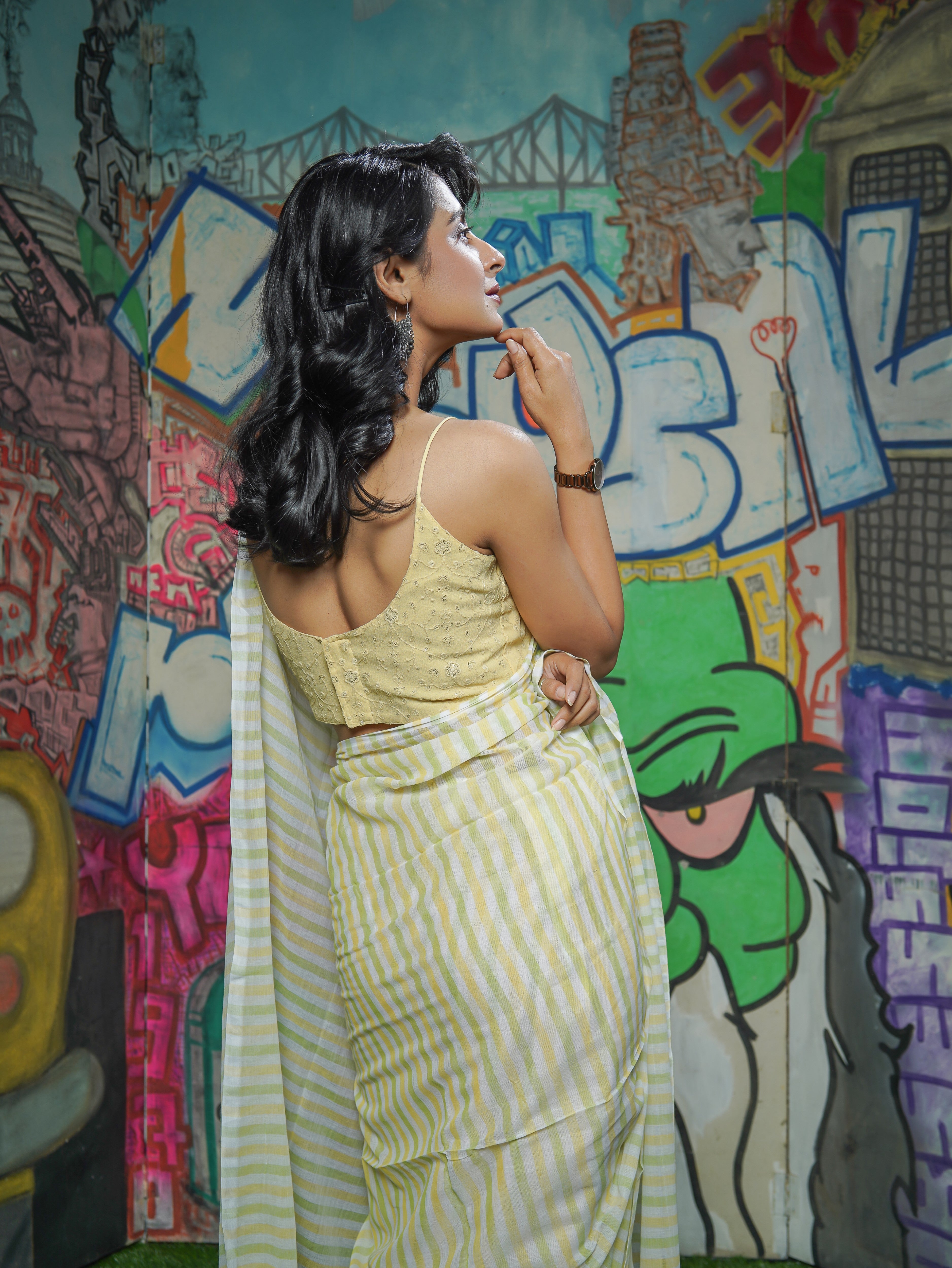 Yellow & Green Multicolour Stripes Mul Mul Cotton Saree