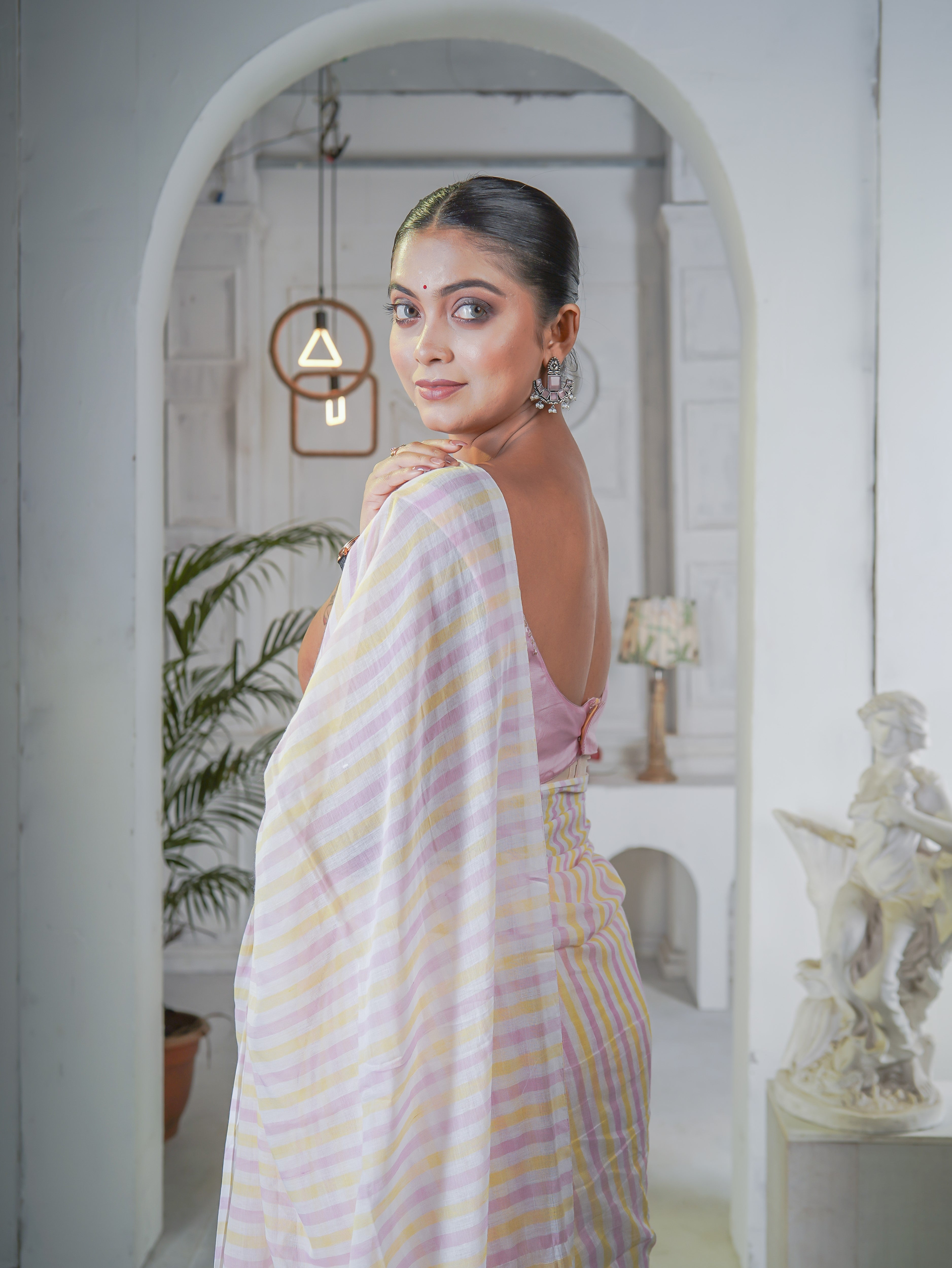 Yellow & Pink Multicolour Stripes Mul Mul Cotton Saree