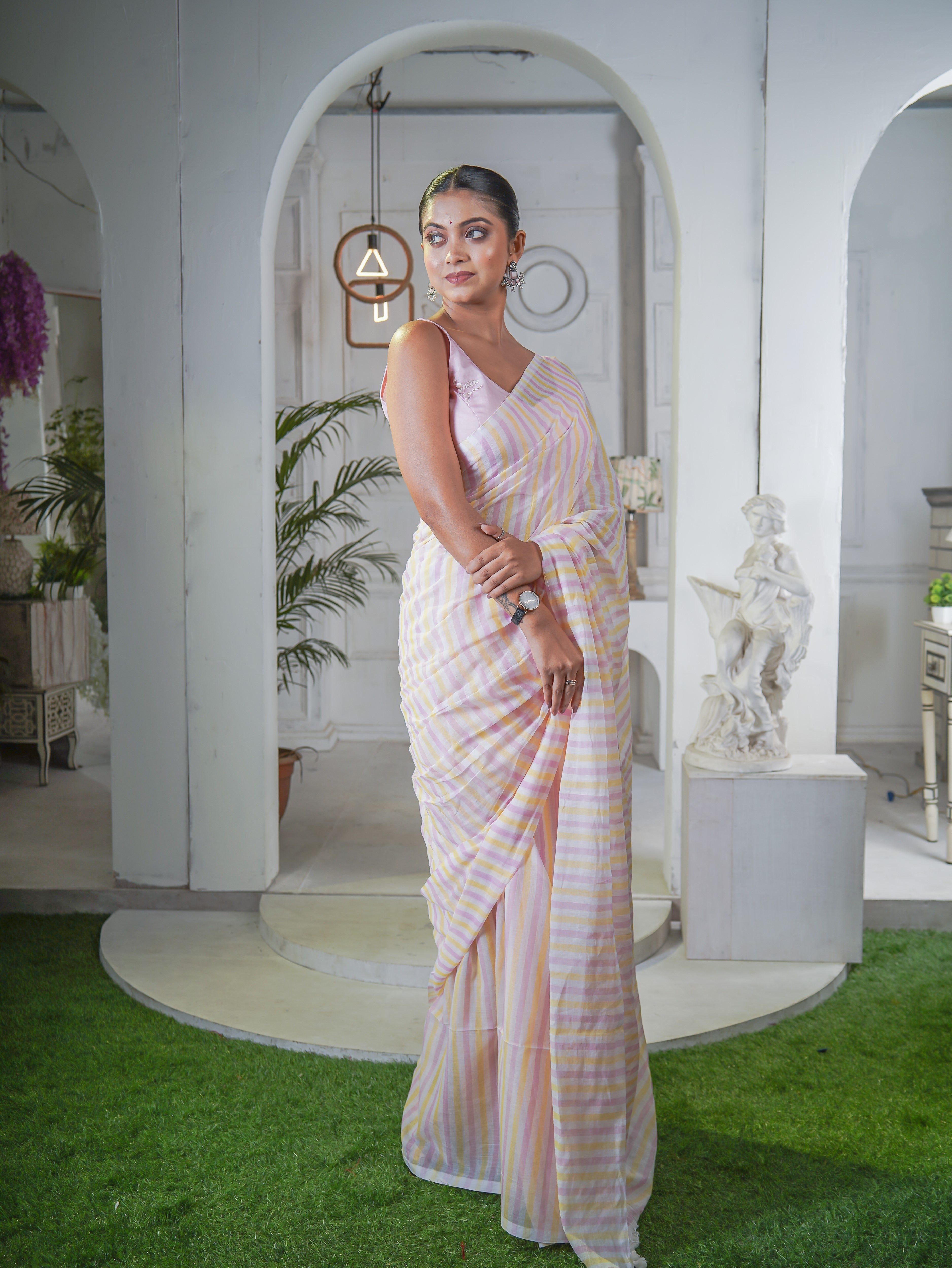 Yellow & Pink Multicolour Stripes Mul Mul Cotton Saree