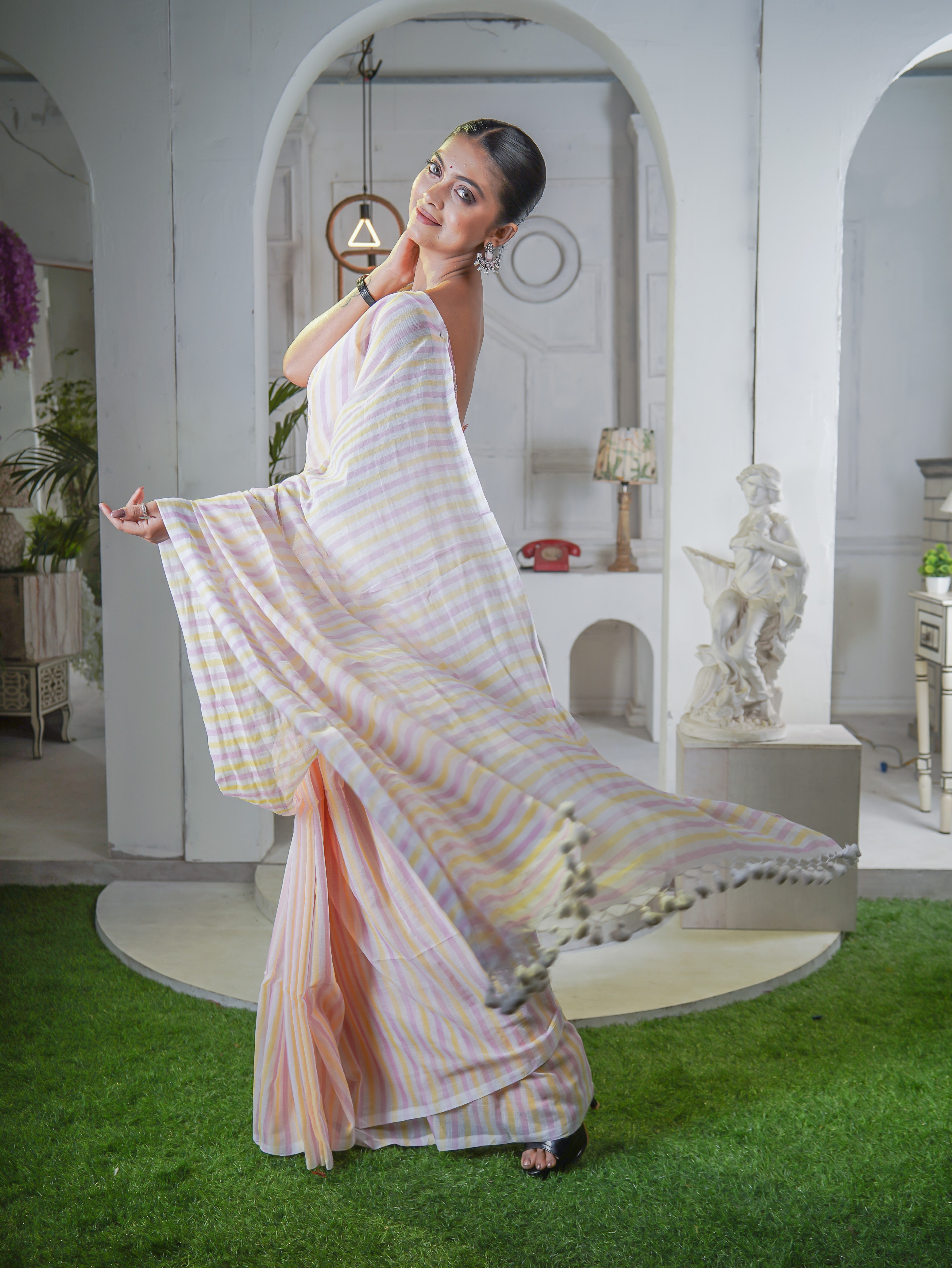 Yellow & Pink Multicolour Stripes Mul Mul Cotton Saree