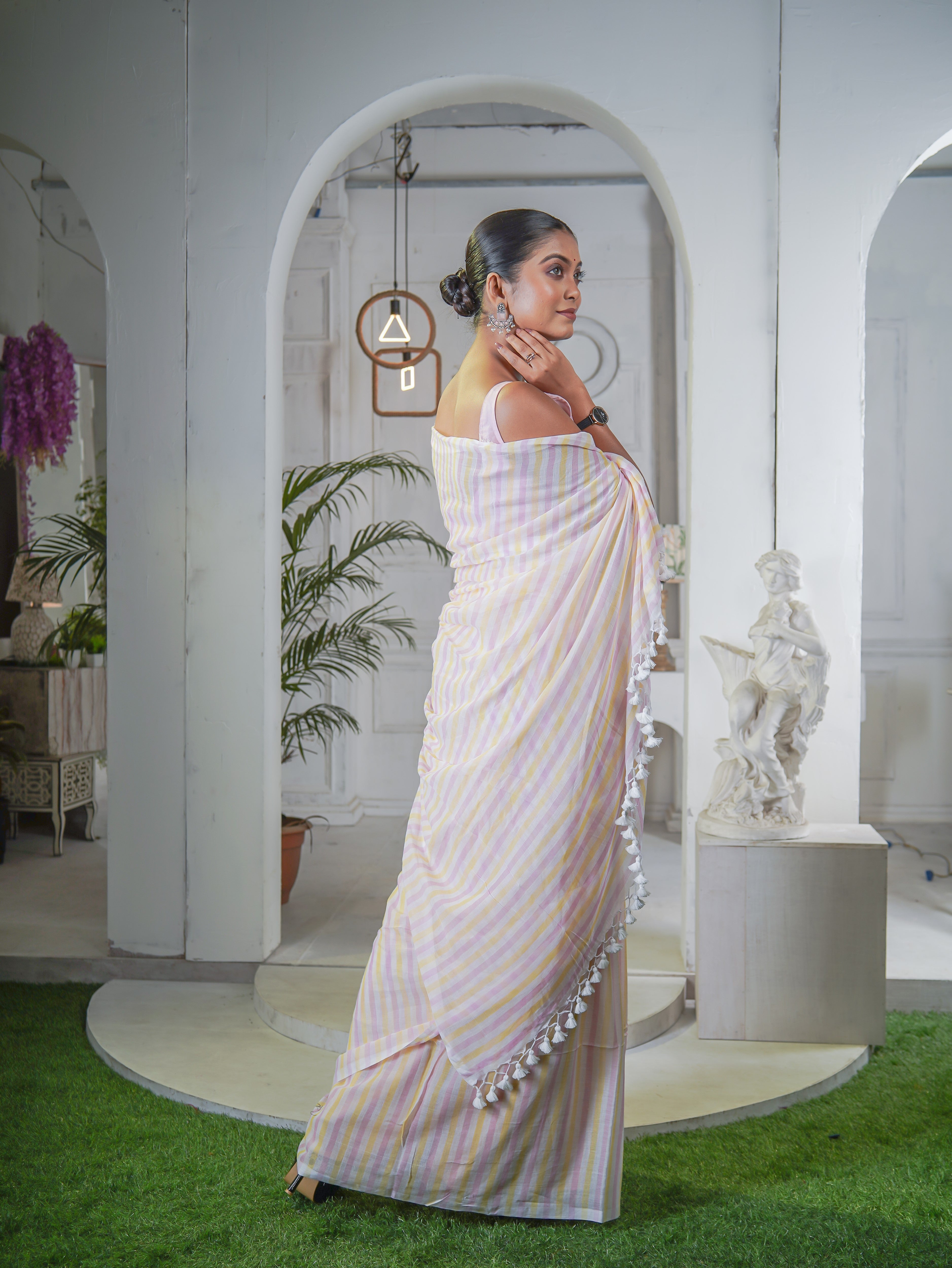 Yellow & Pink Multicolour Stripes Mul Mul Cotton Saree