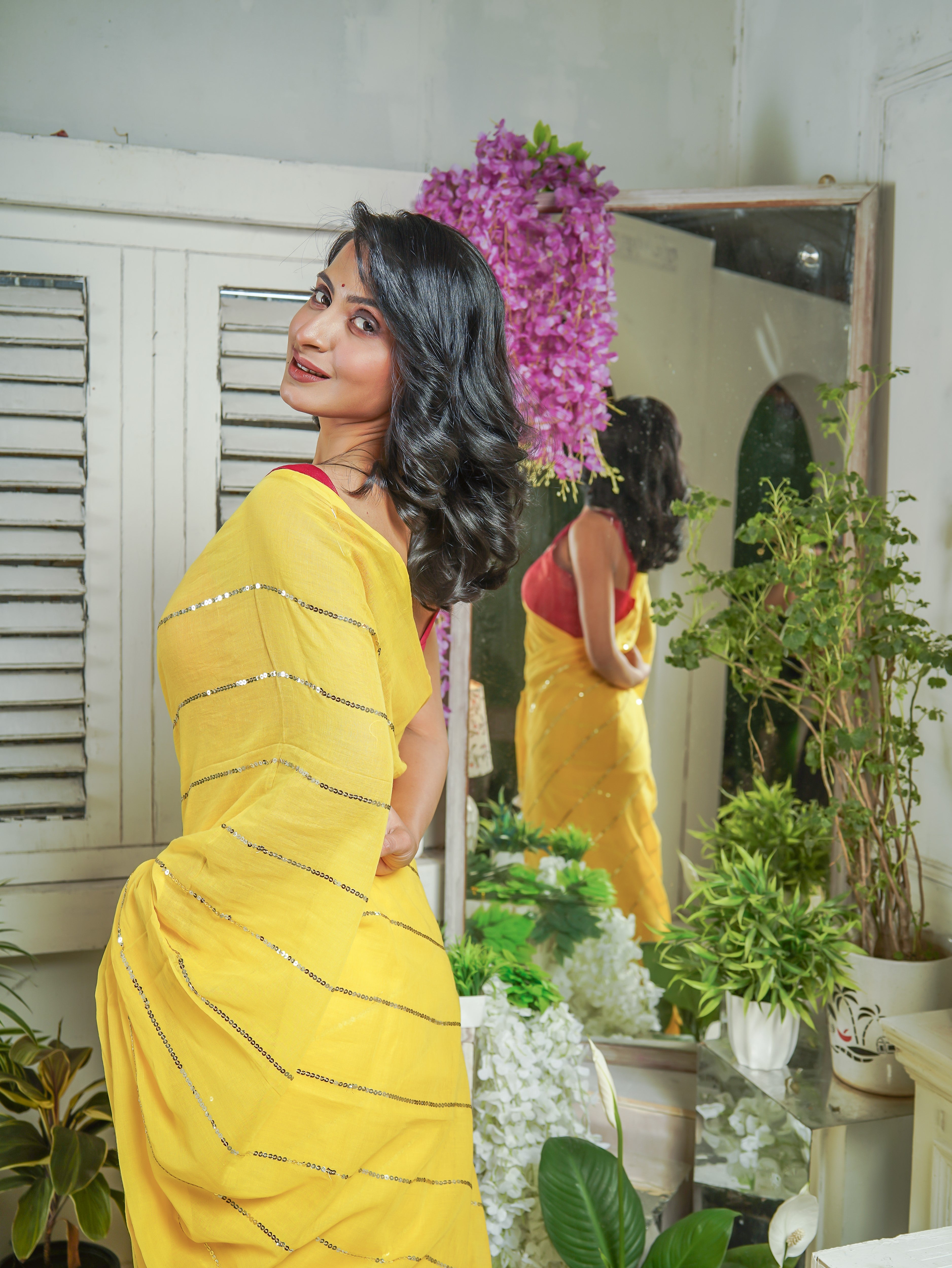 Yellow Mulmul Cotton Saree All Over Sequence Work