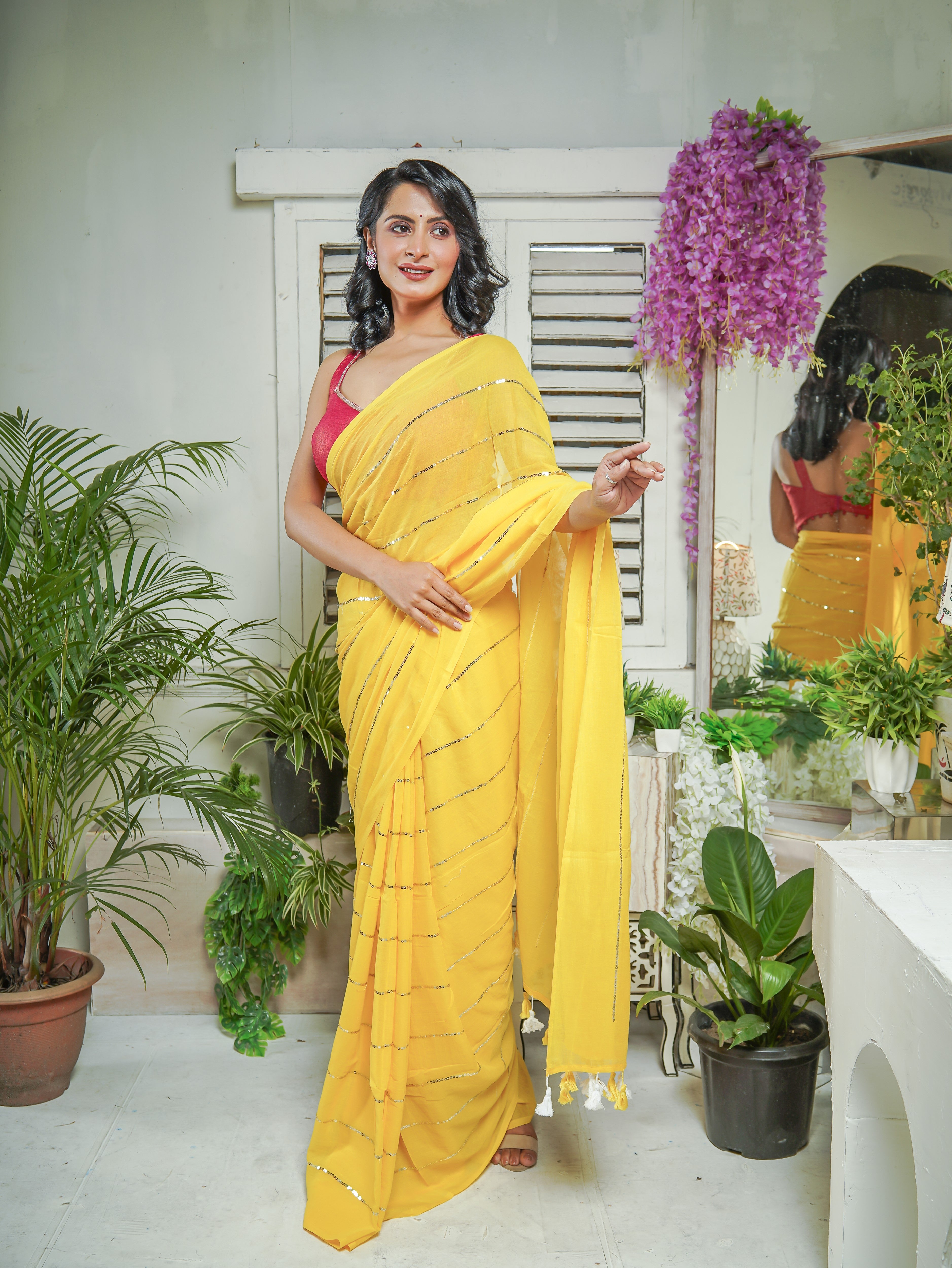 Yellow Mulmul Cotton Saree All Over Sequence Work