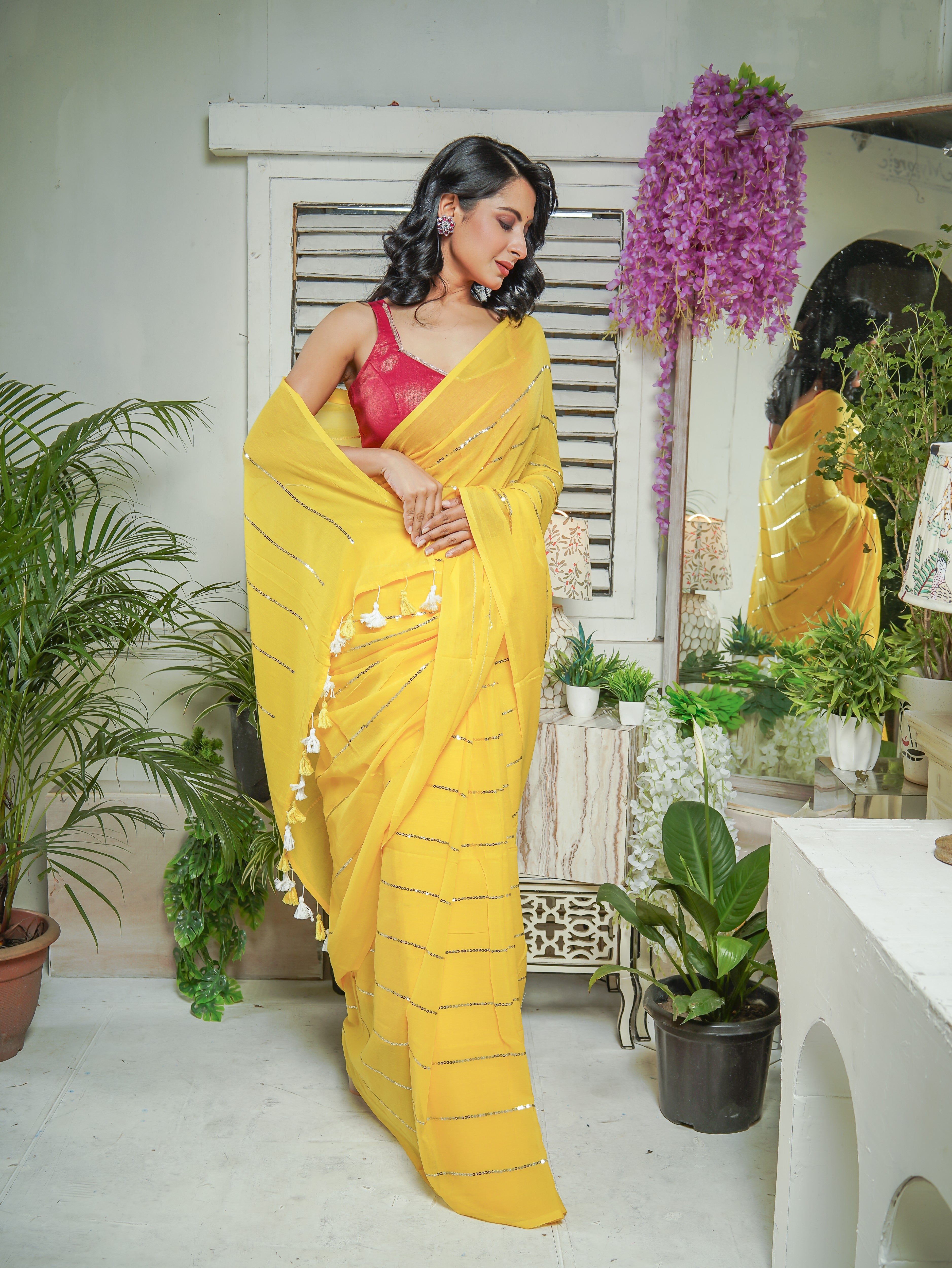 Yellow Mulmul Cotton Saree All Over Sequence Work