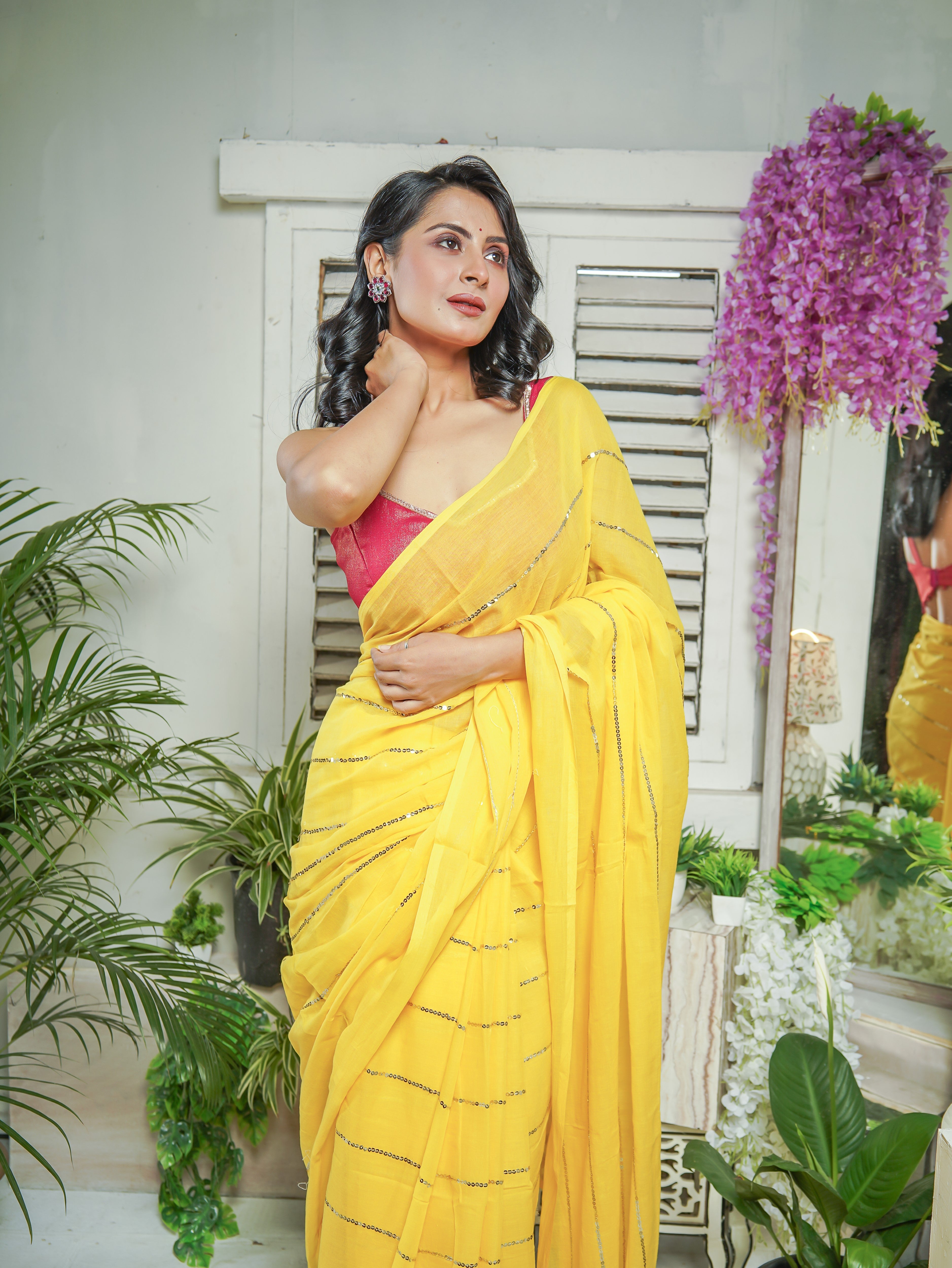 Yellow Mulmul Cotton Saree All Over Sequence Work
