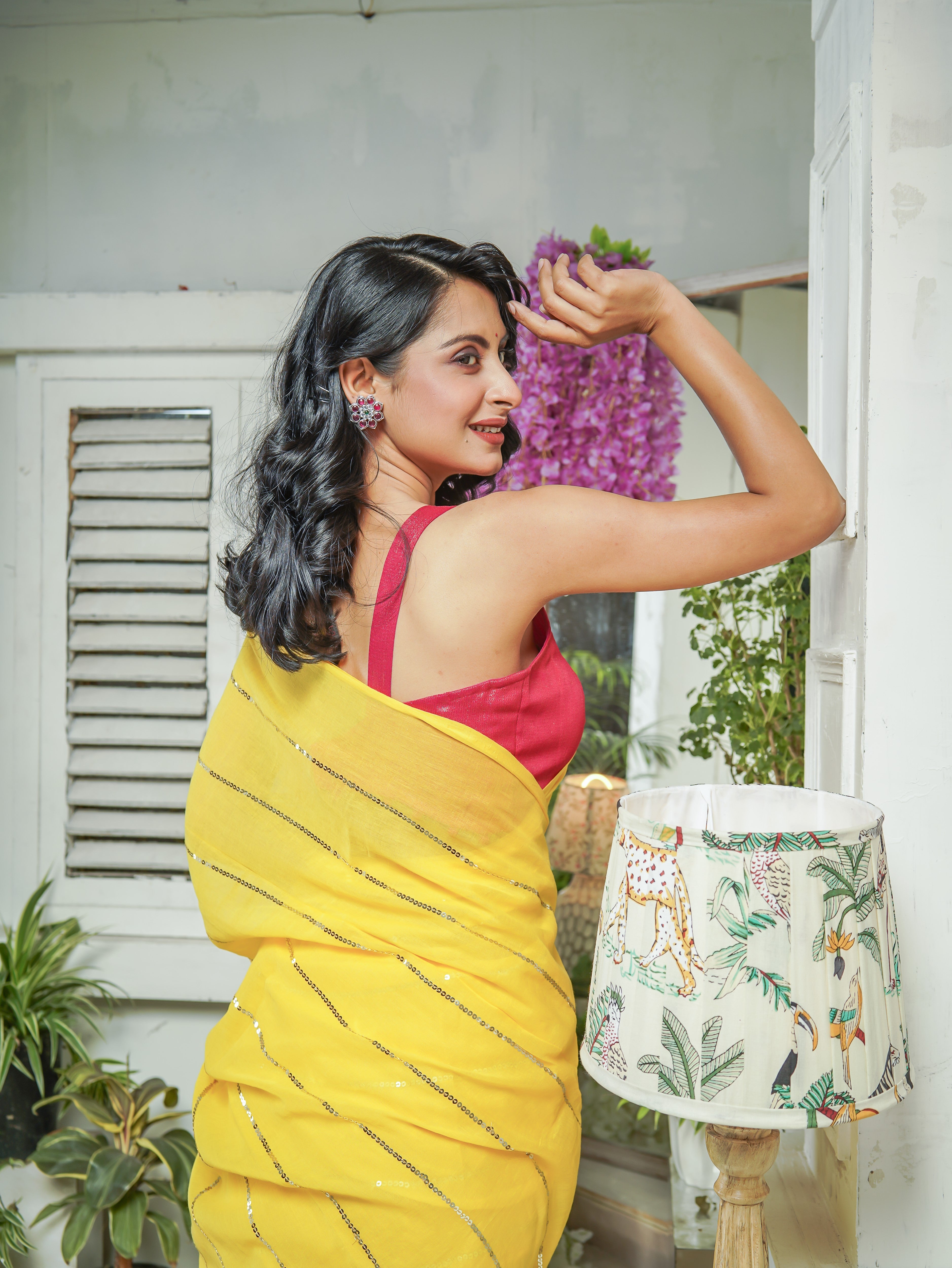 Yellow Mulmul Cotton Saree All Over Sequence Work
