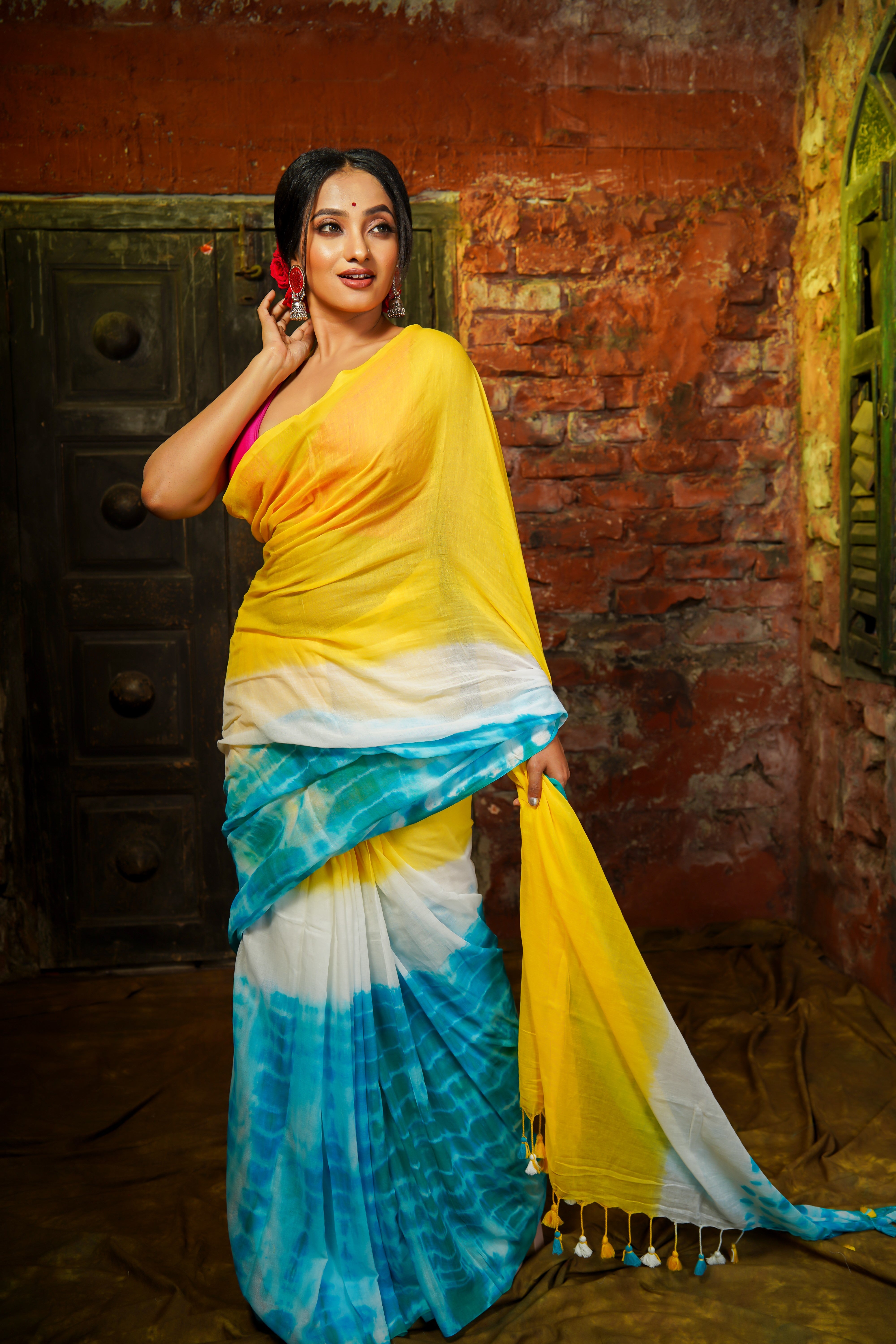 Yellow Multi Shibori Mul Mul Cotton Saree