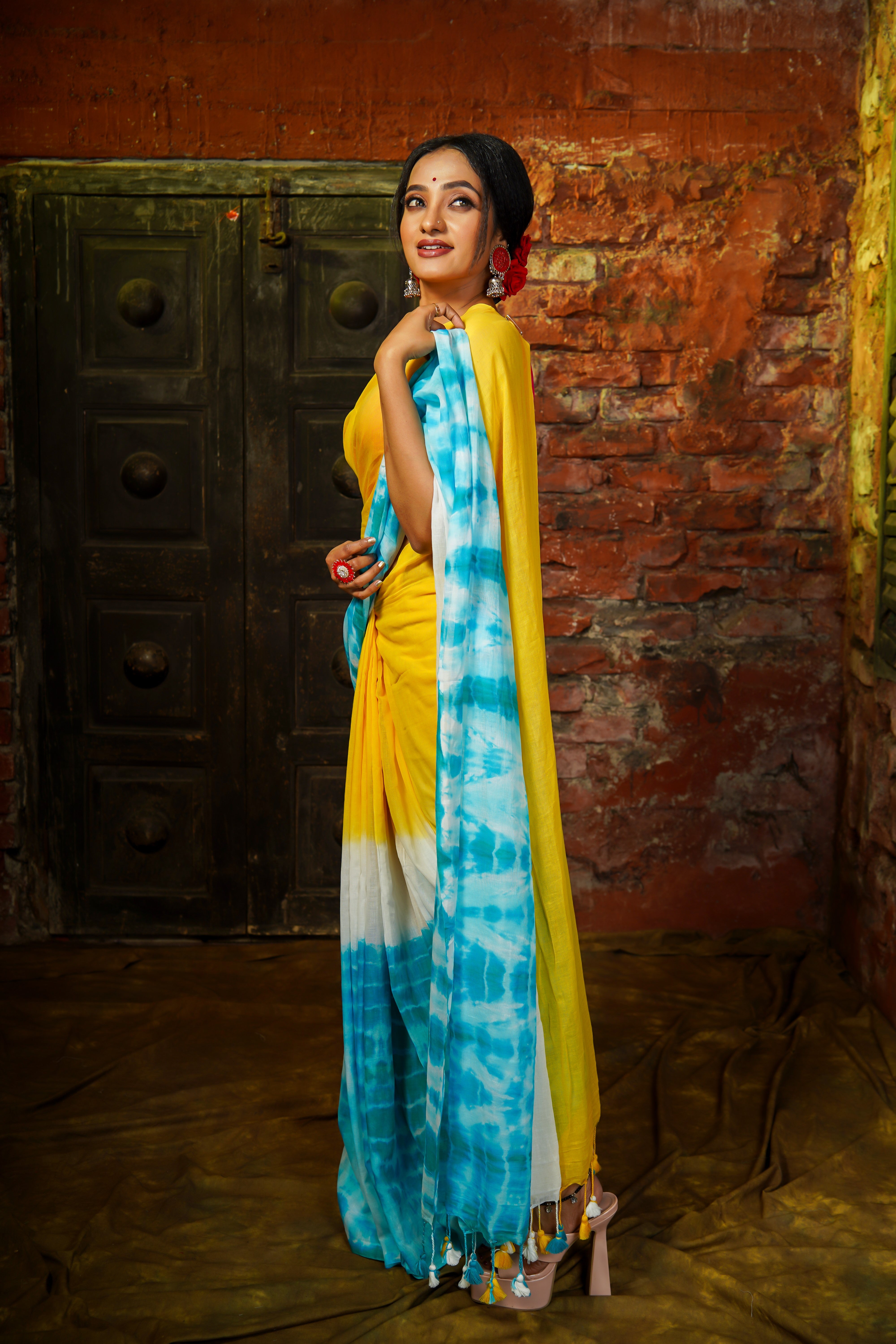 Yellow Multi Shibori Mul Mul Cotton Saree