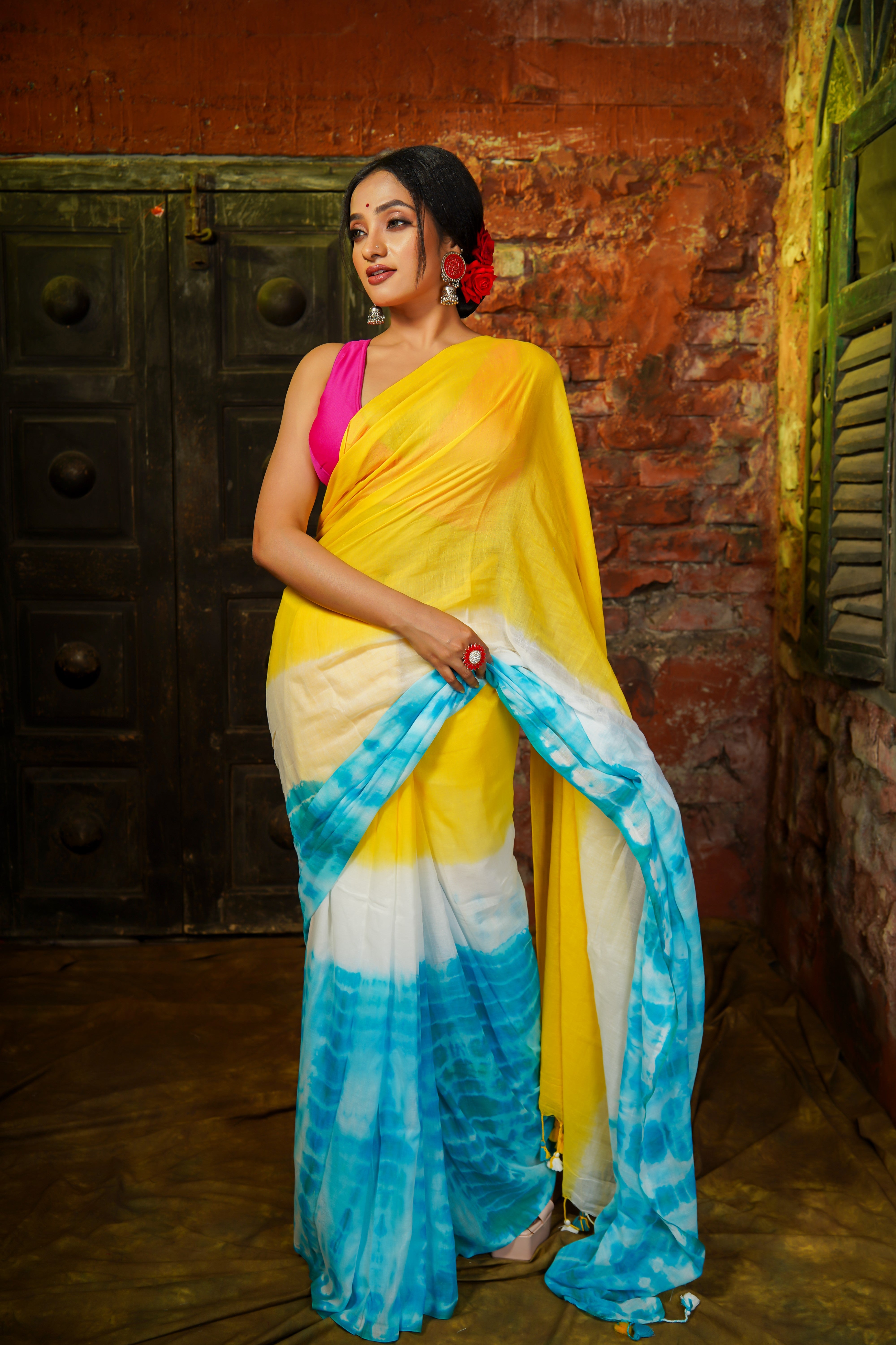 Yellow Multi Shibori Mul Mul Cotton Saree