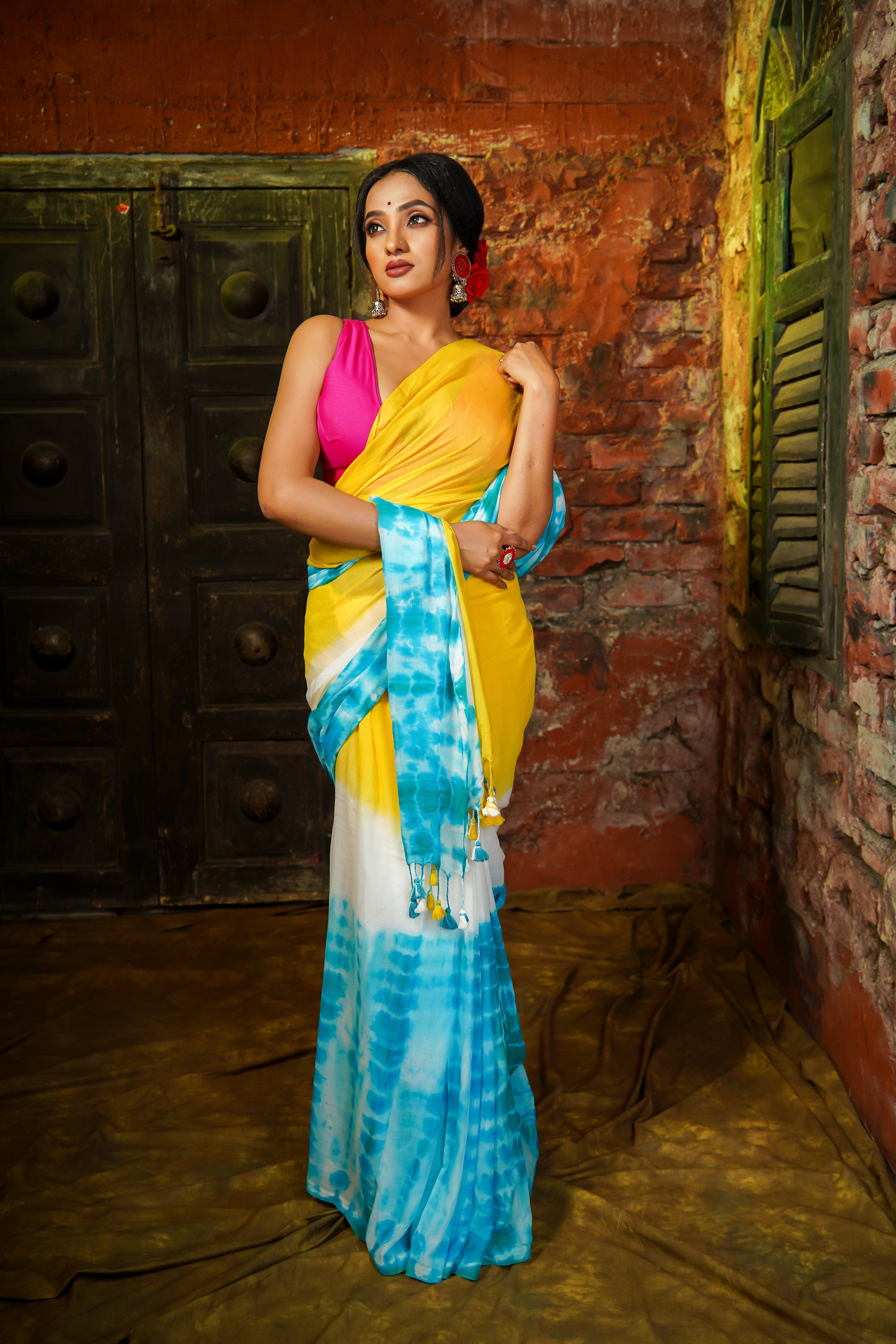 Yellow Multi Shibori Mul Mul Cotton Saree