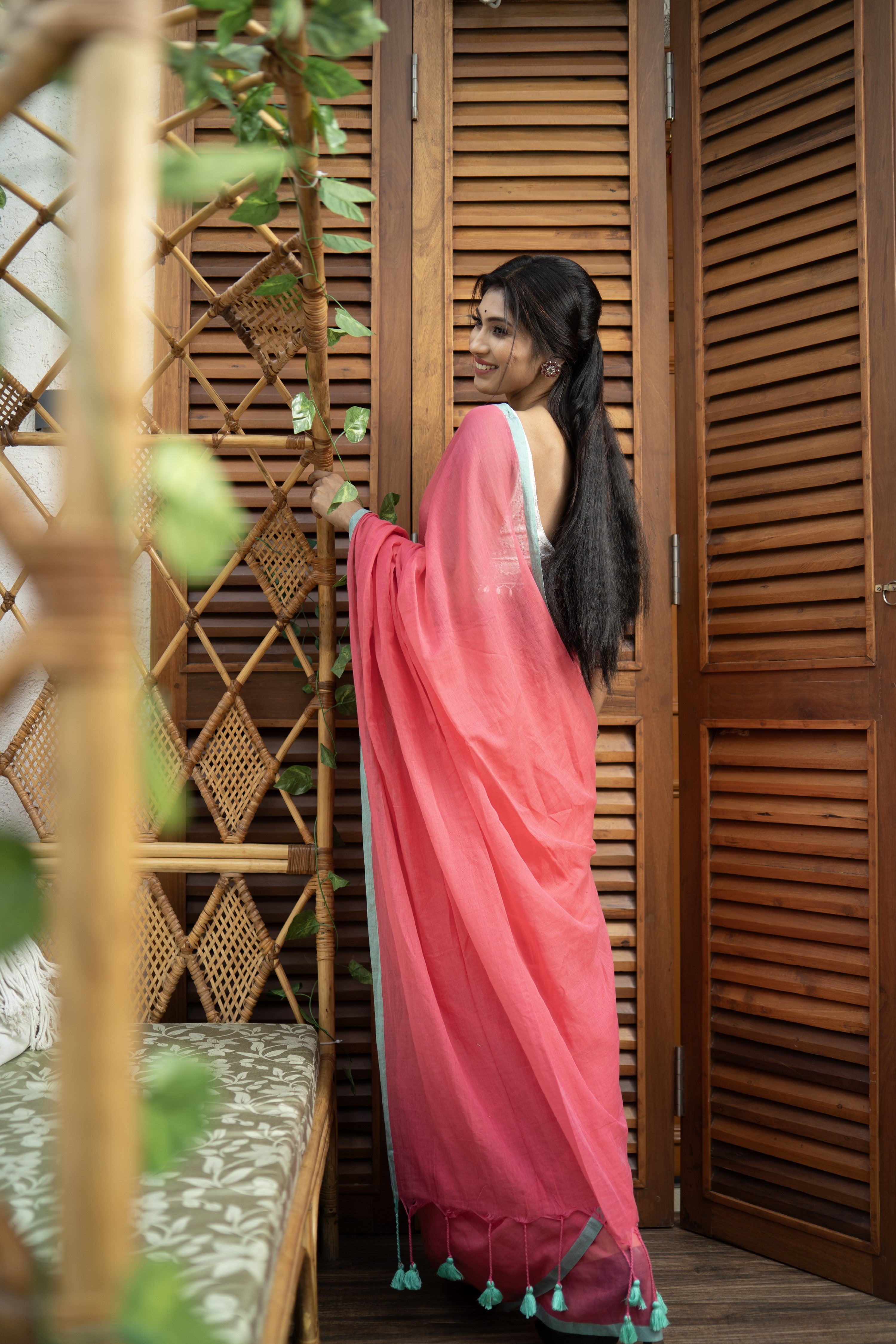 Meher Mulmul Cotton Saree-Flomingo Pink