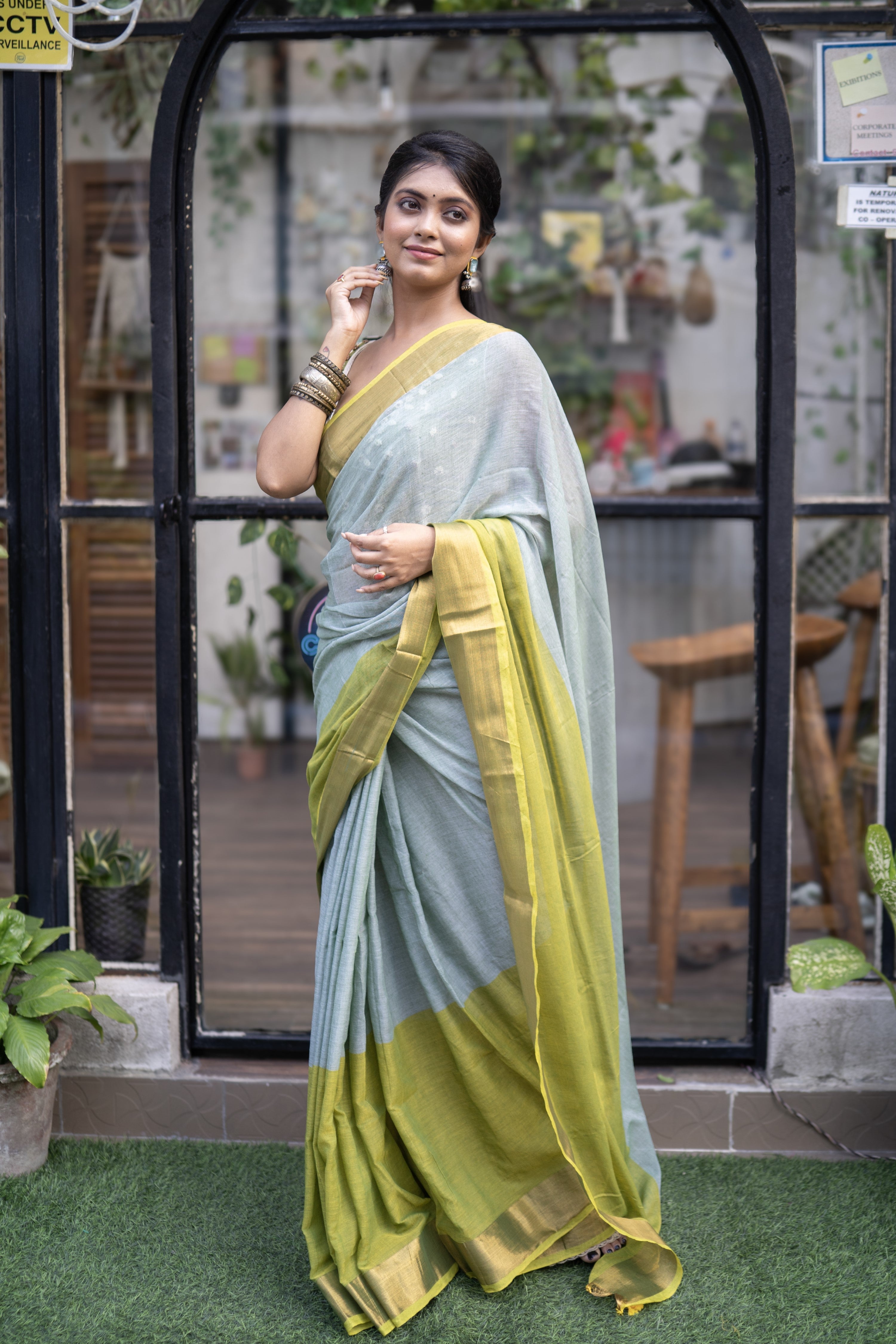 Rangriti Pure Mulmul Cotton Saree-Green & Blue