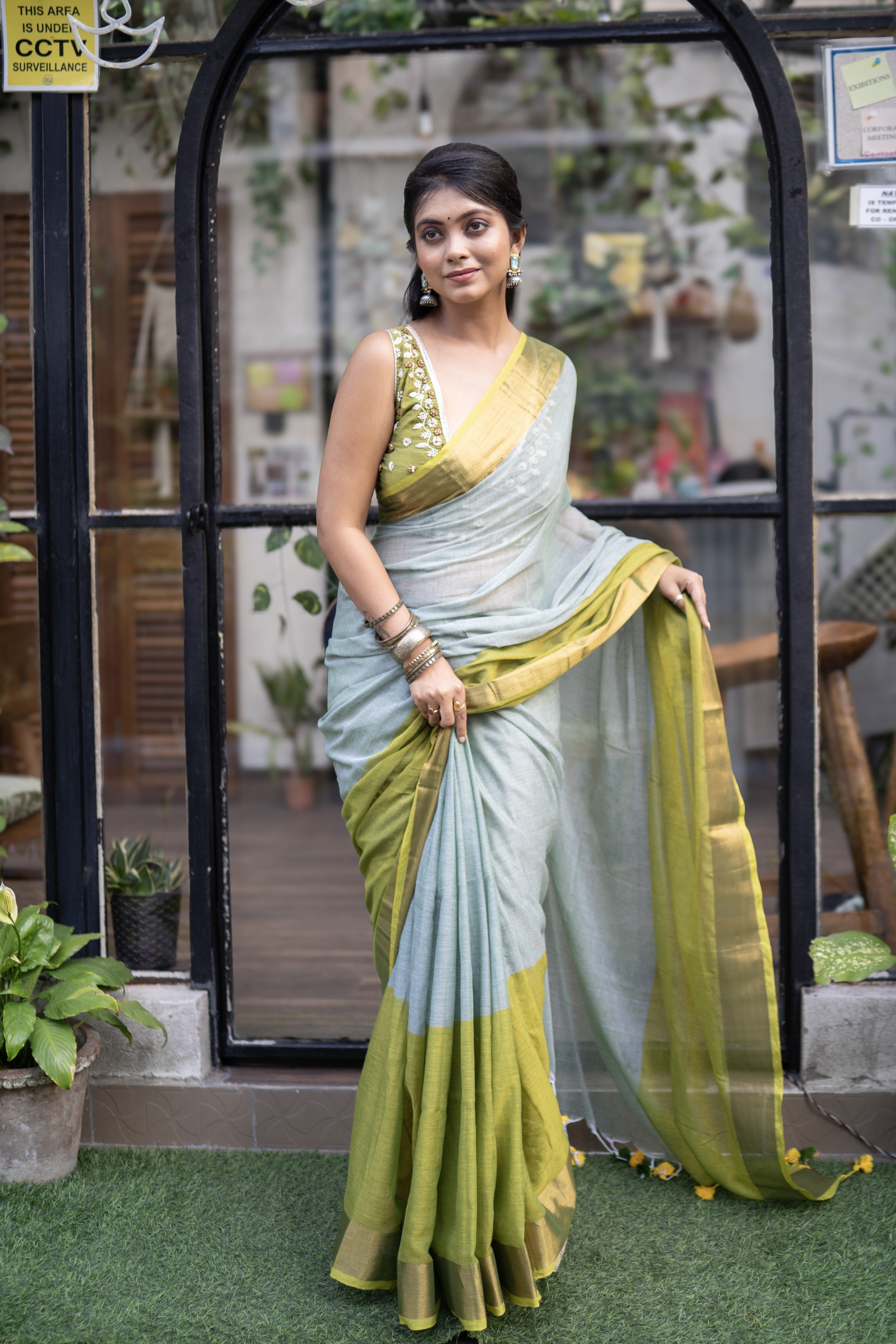 Rangriti Pure Mulmul Cotton Saree-Green & Blue