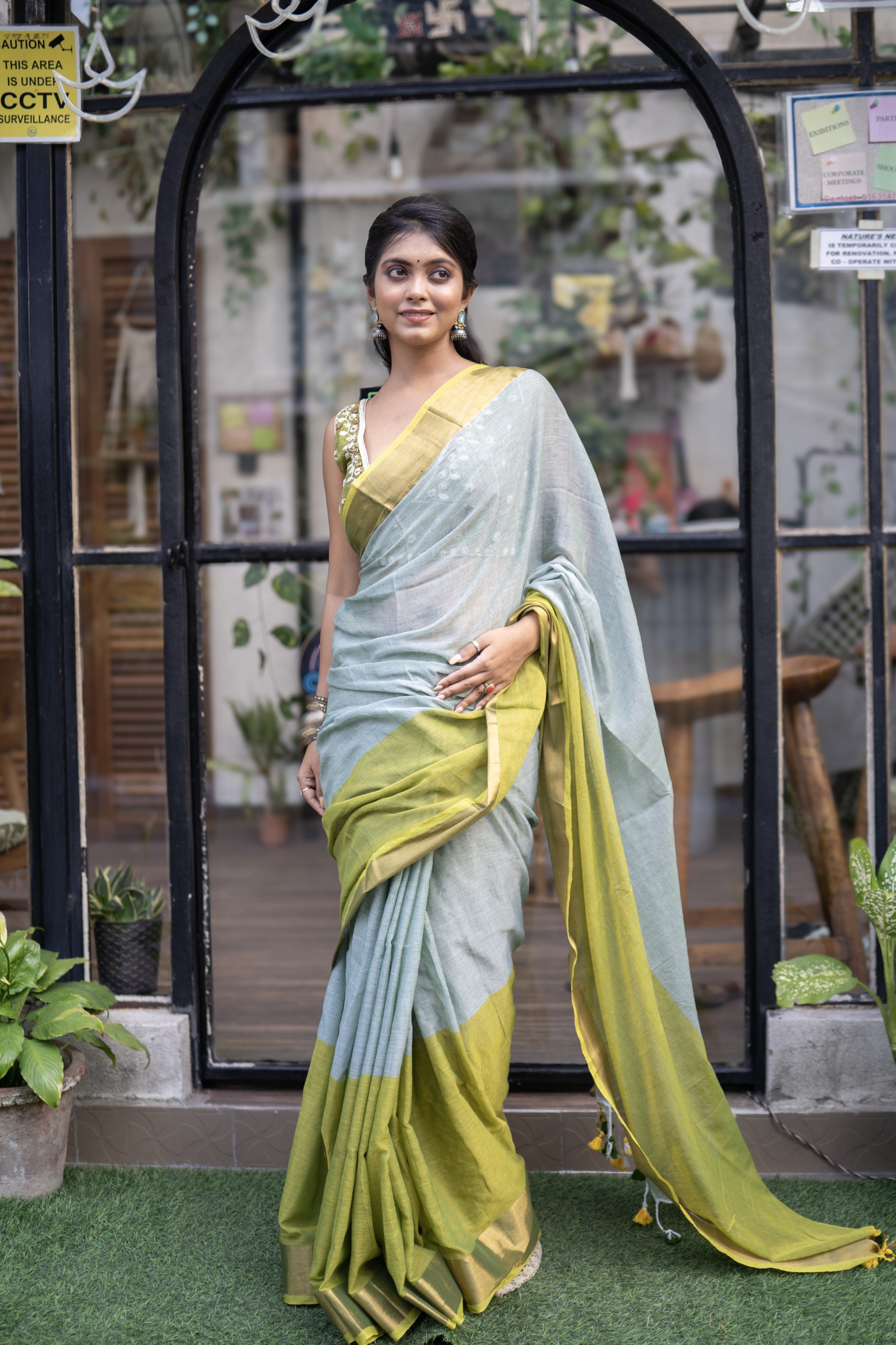 Rangriti Pure Mulmul Cotton Saree-Green & Blue