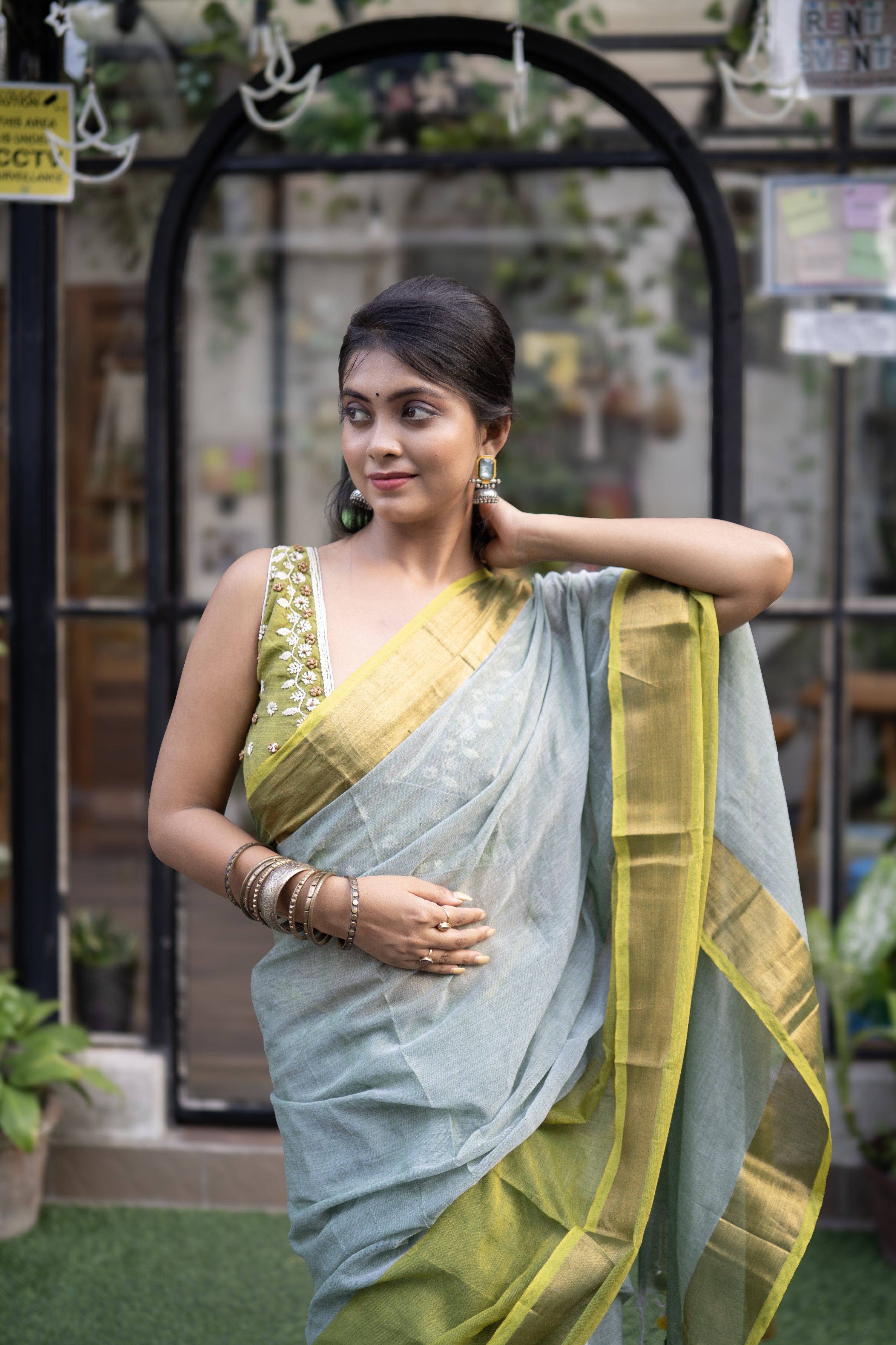 Rangriti Pure Mulmul Cotton Saree-Green & Blue