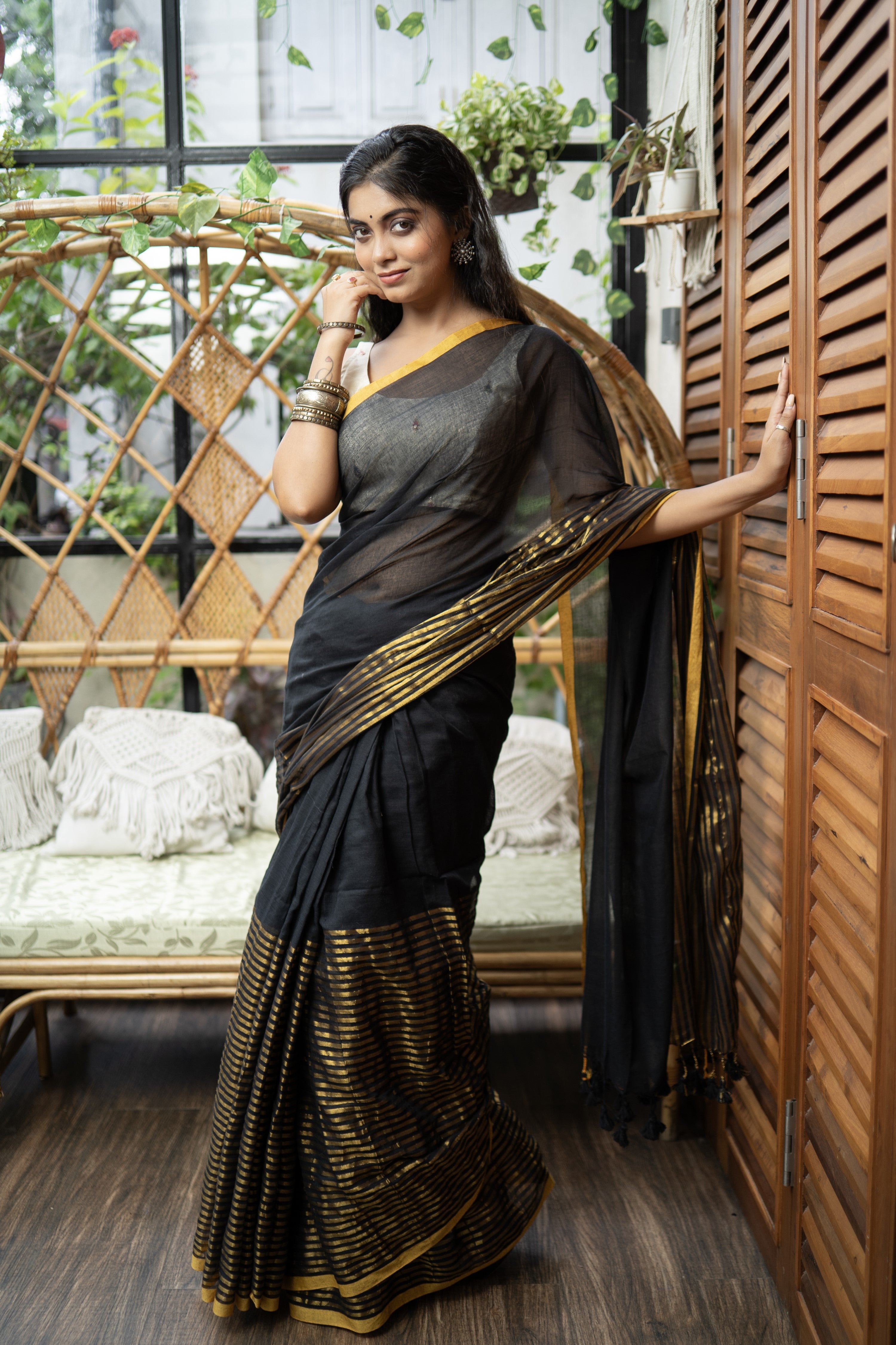 Black & golden half half mulmul cotton saree