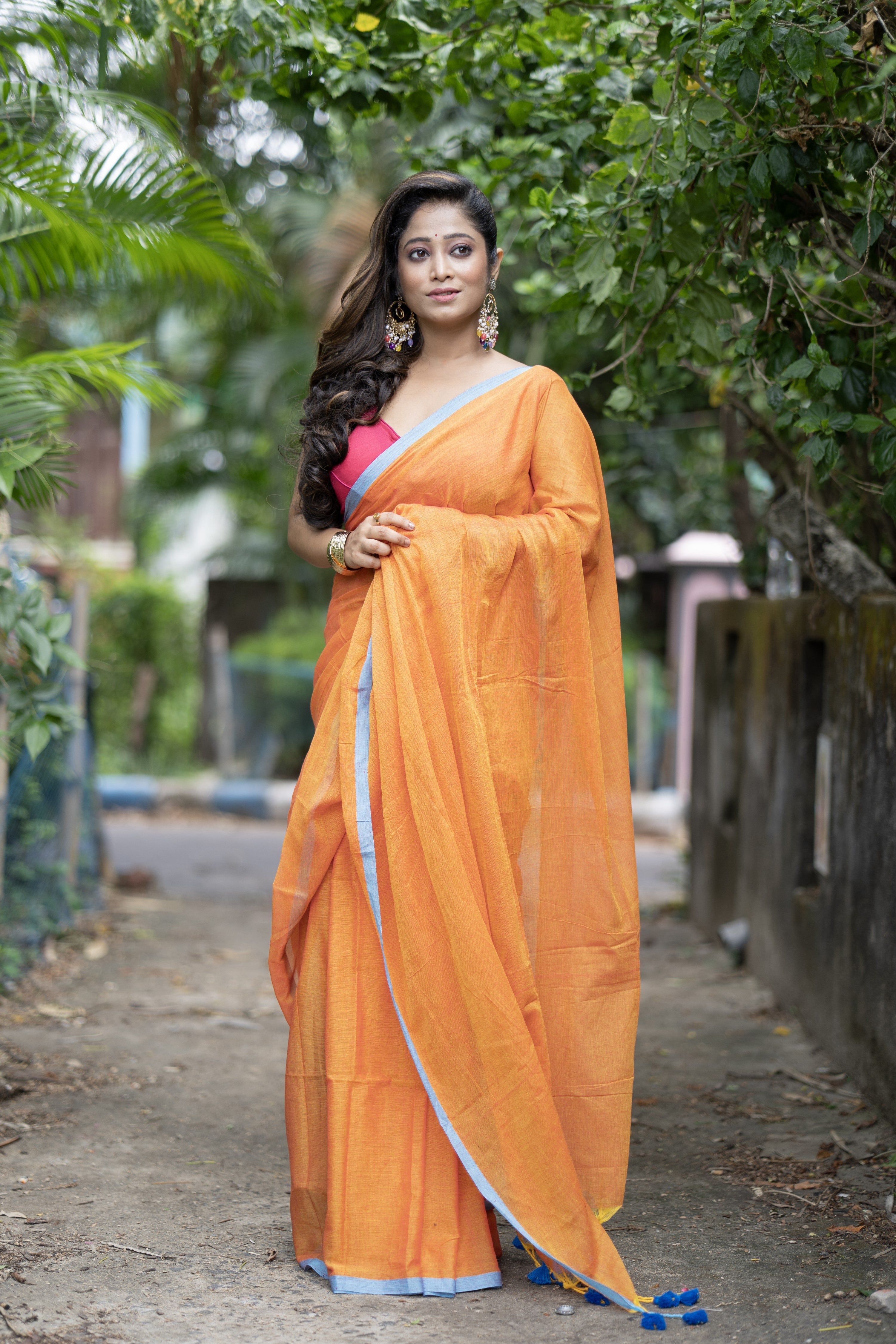 Meher Pure Mulmul Cotton Saree - Orange