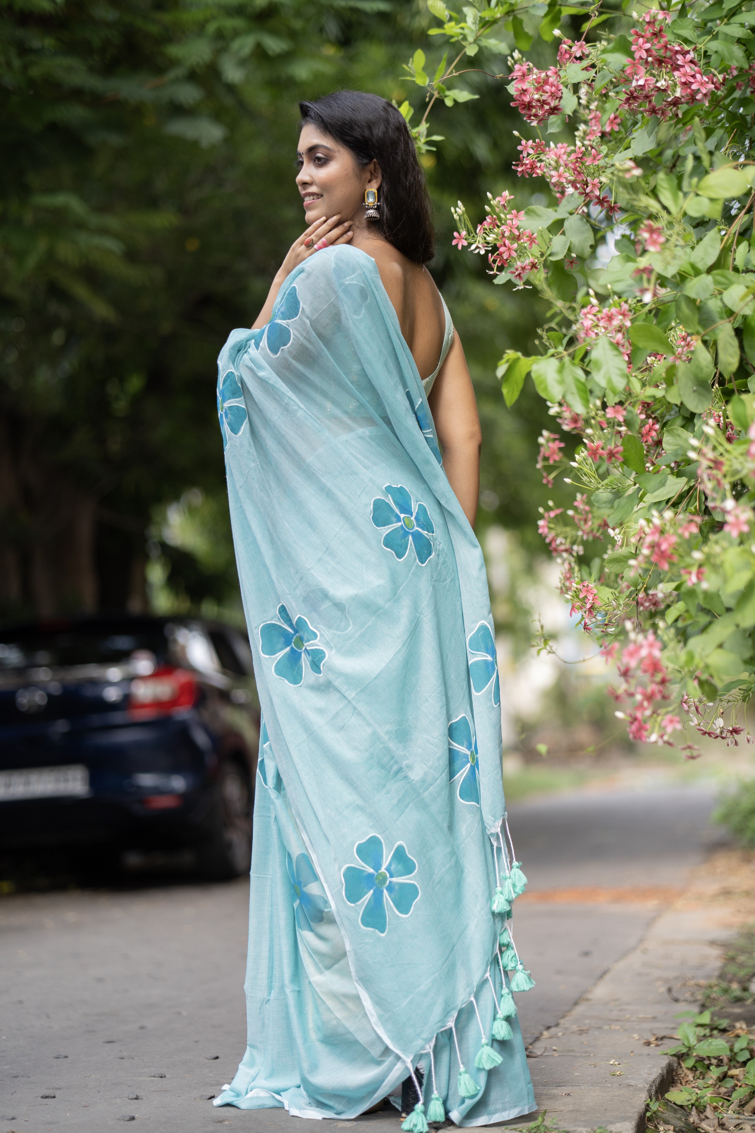 Hand-Printed Floral Mulmul Cotton Saree- blue