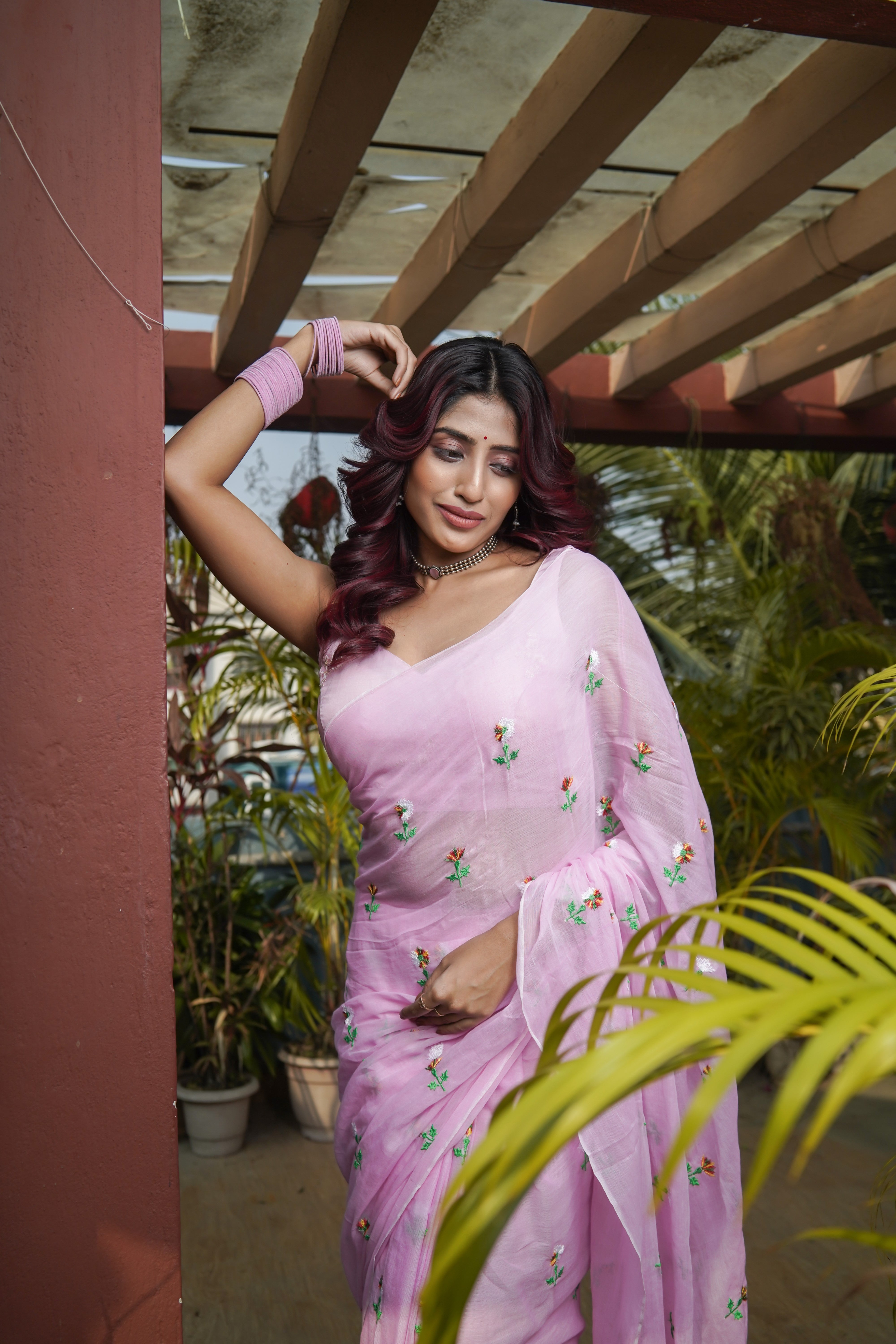 Baby Pink Embroidered Pure Mul Cotton Saree