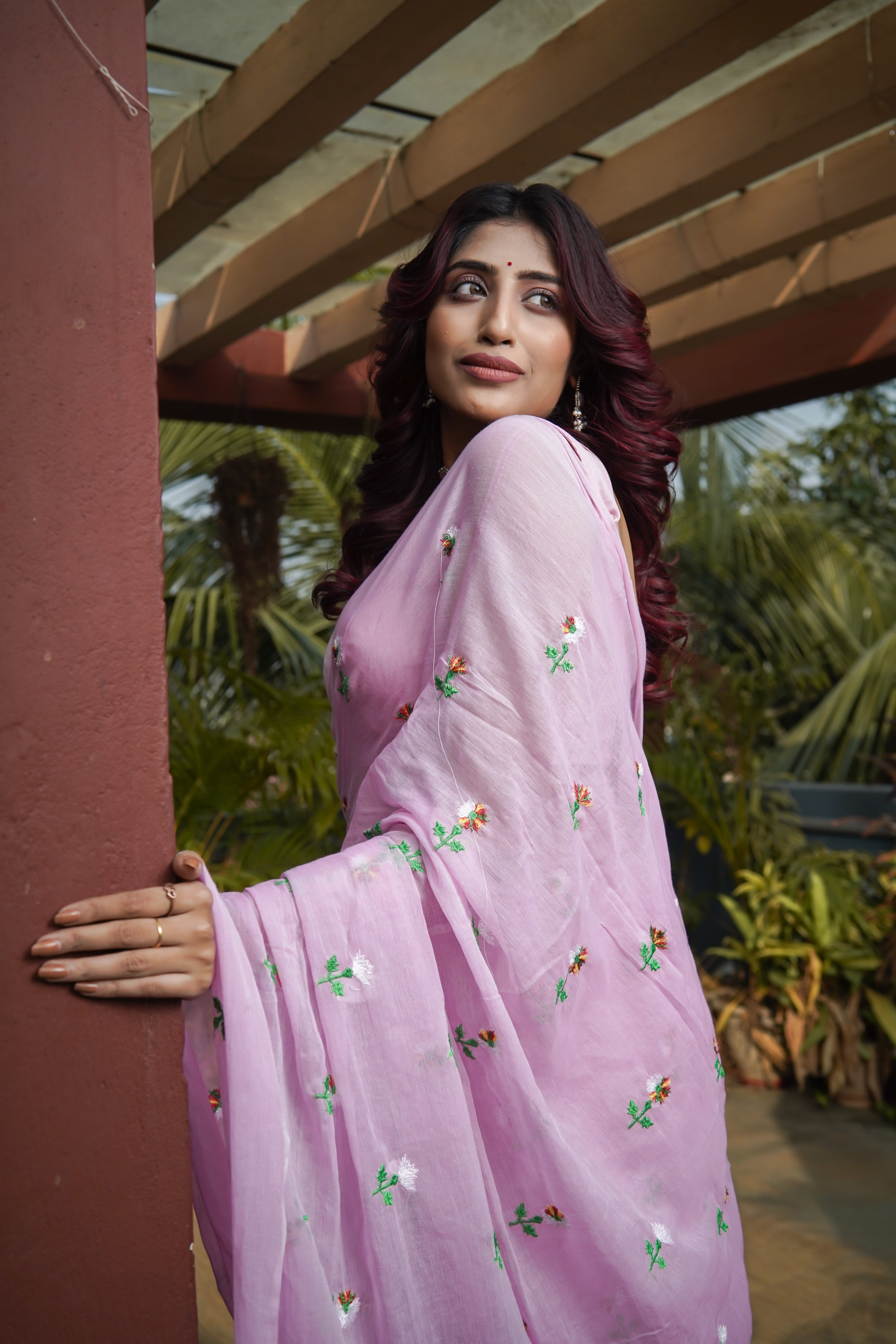 Baby Pink Embroidered Pure Mul Cotton Saree