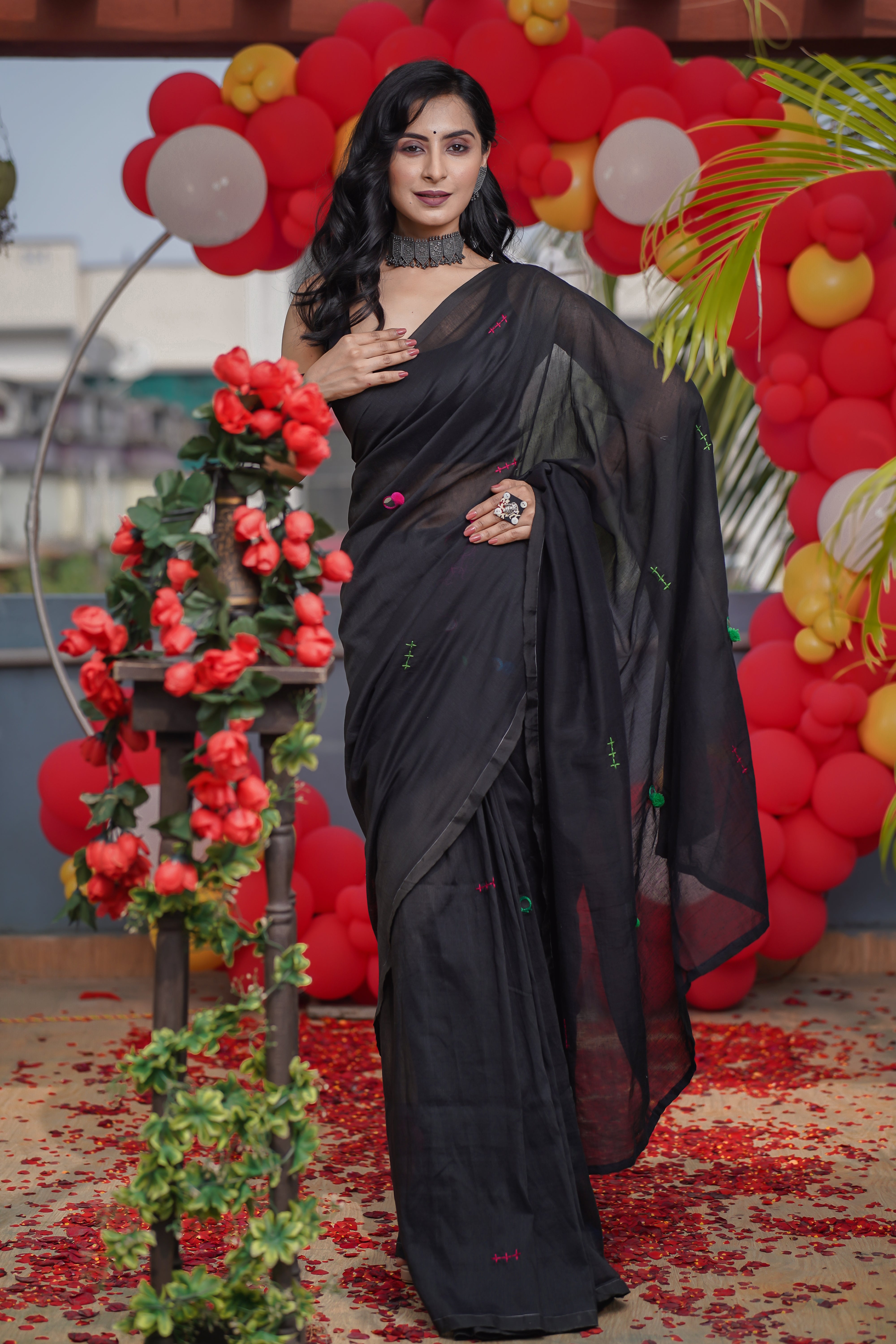 Black Khadi Cotton Mirror Work Weaving Pompom Saree-Black