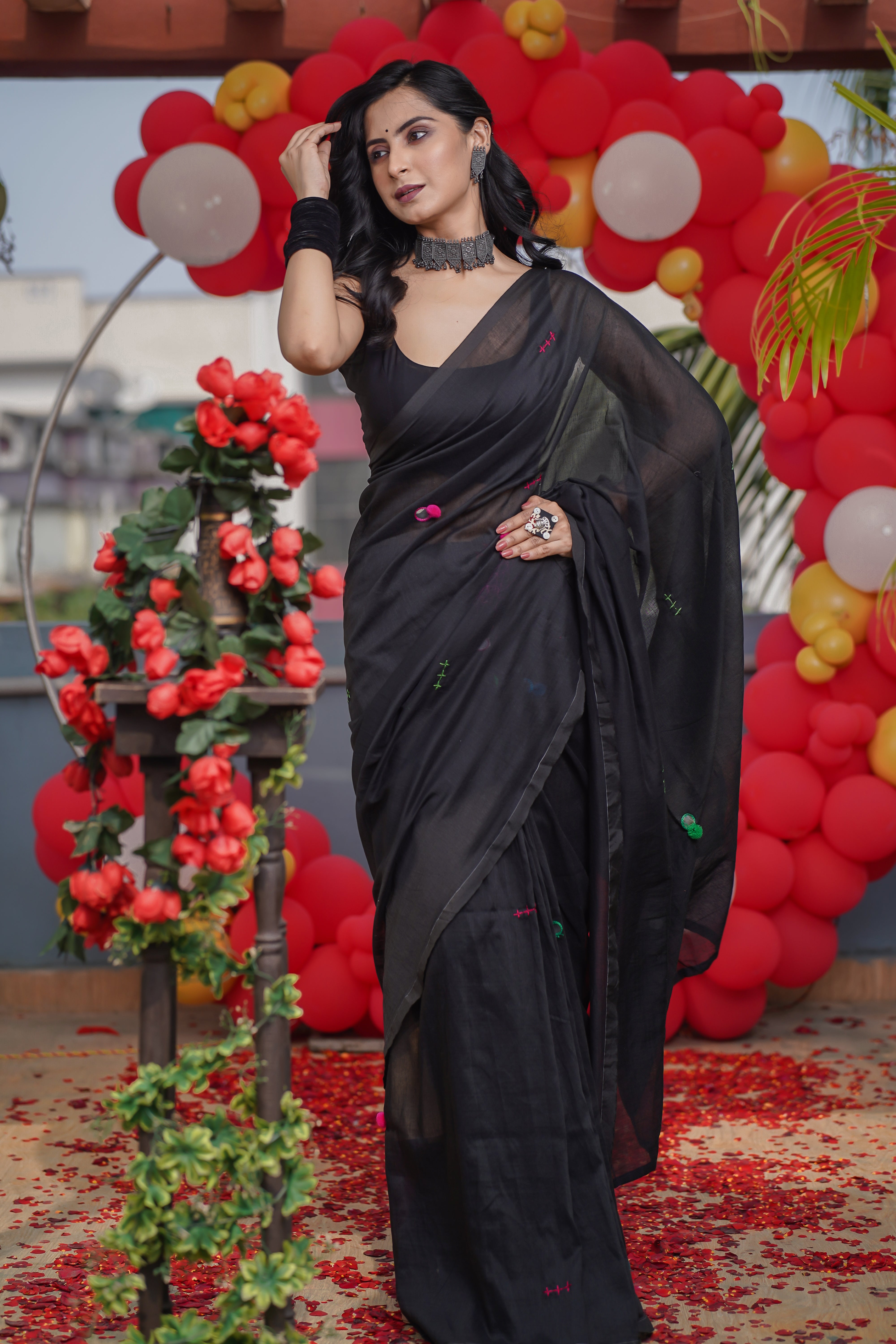 Black Khadi Cotton Mirror Work Weaving Pompom Saree-Black