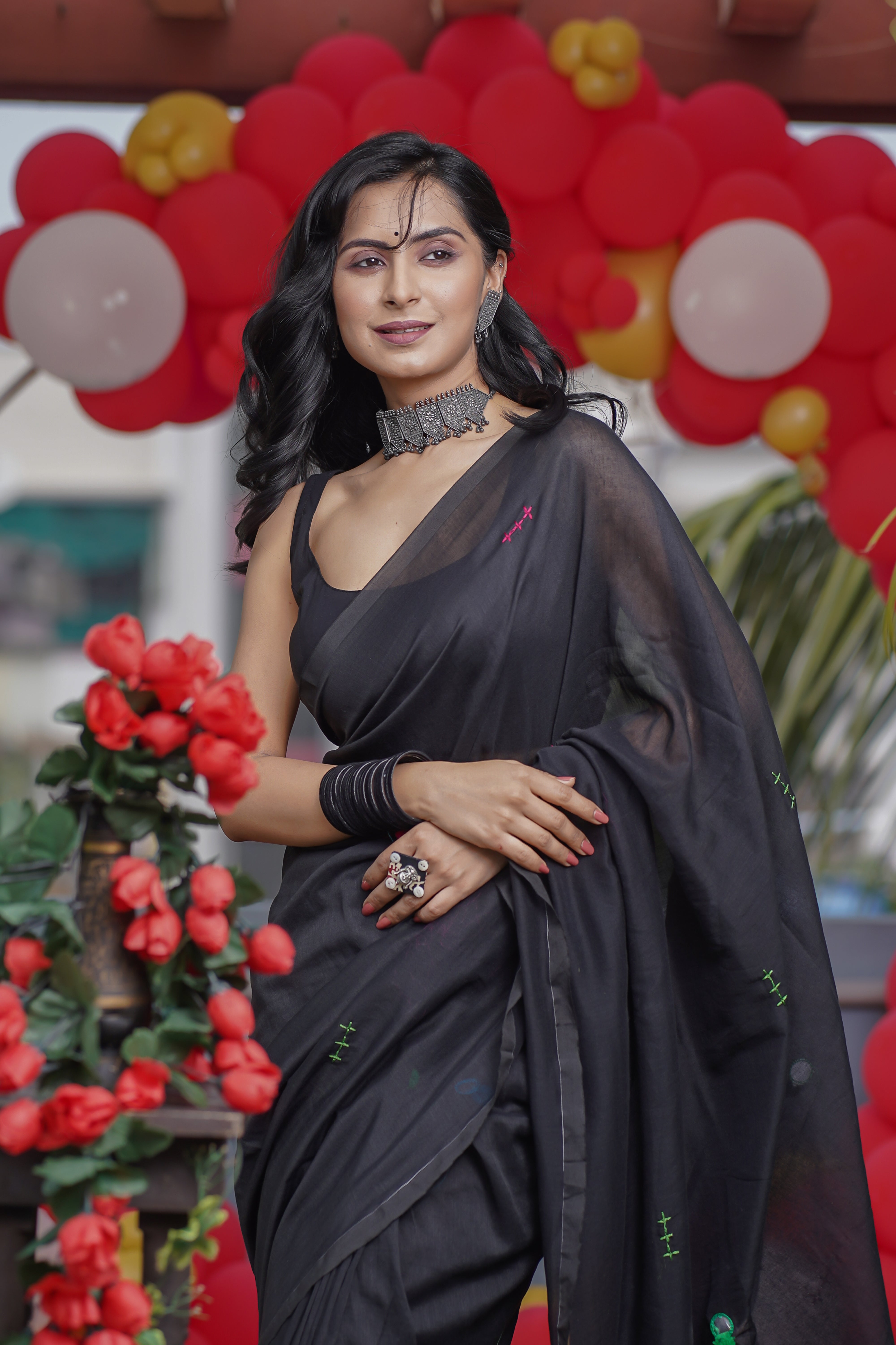 Black Khadi Cotton Mirror Work Weaving Pompom Saree-Black