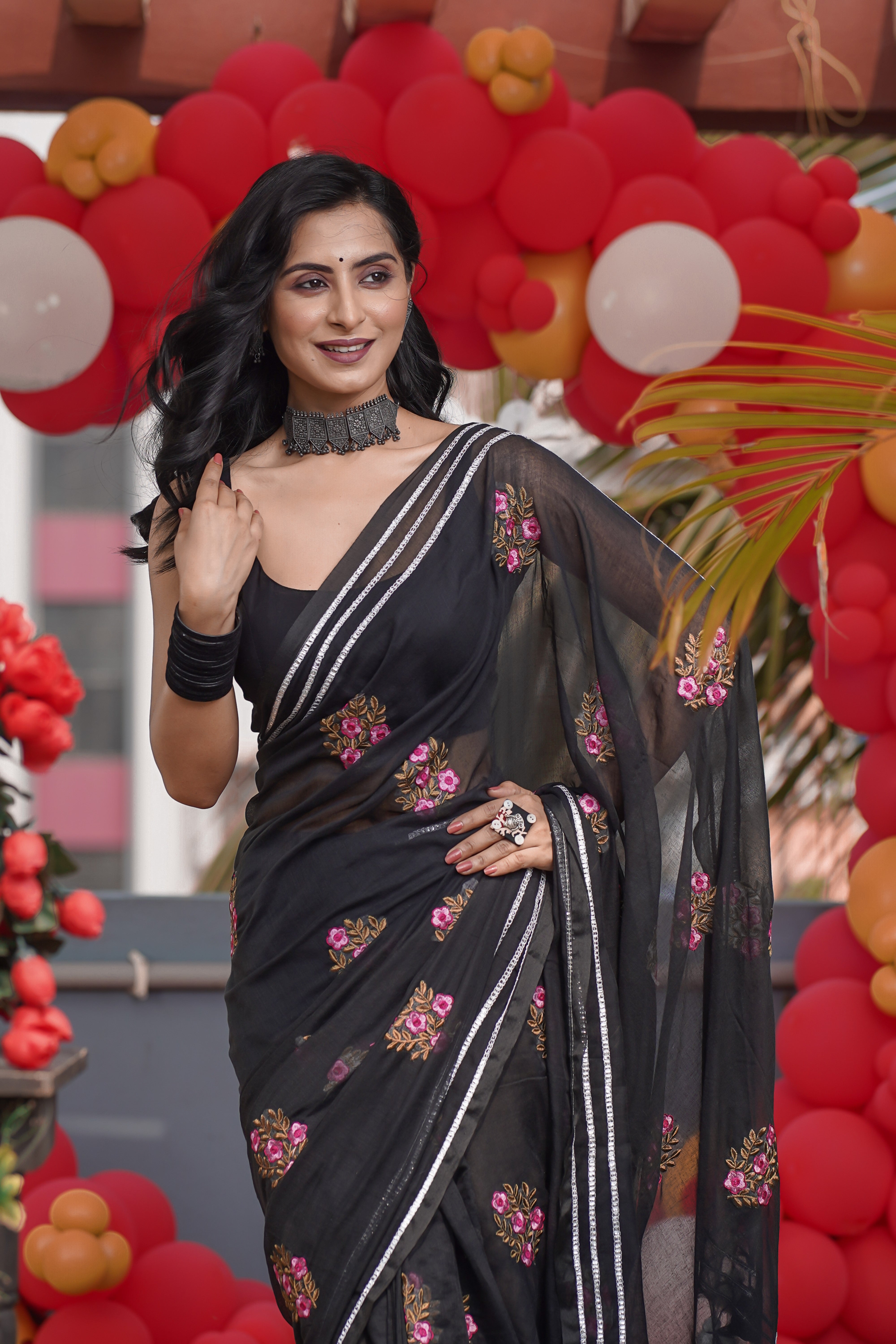 Black Mul Mul Cotton Saree With Embroidery