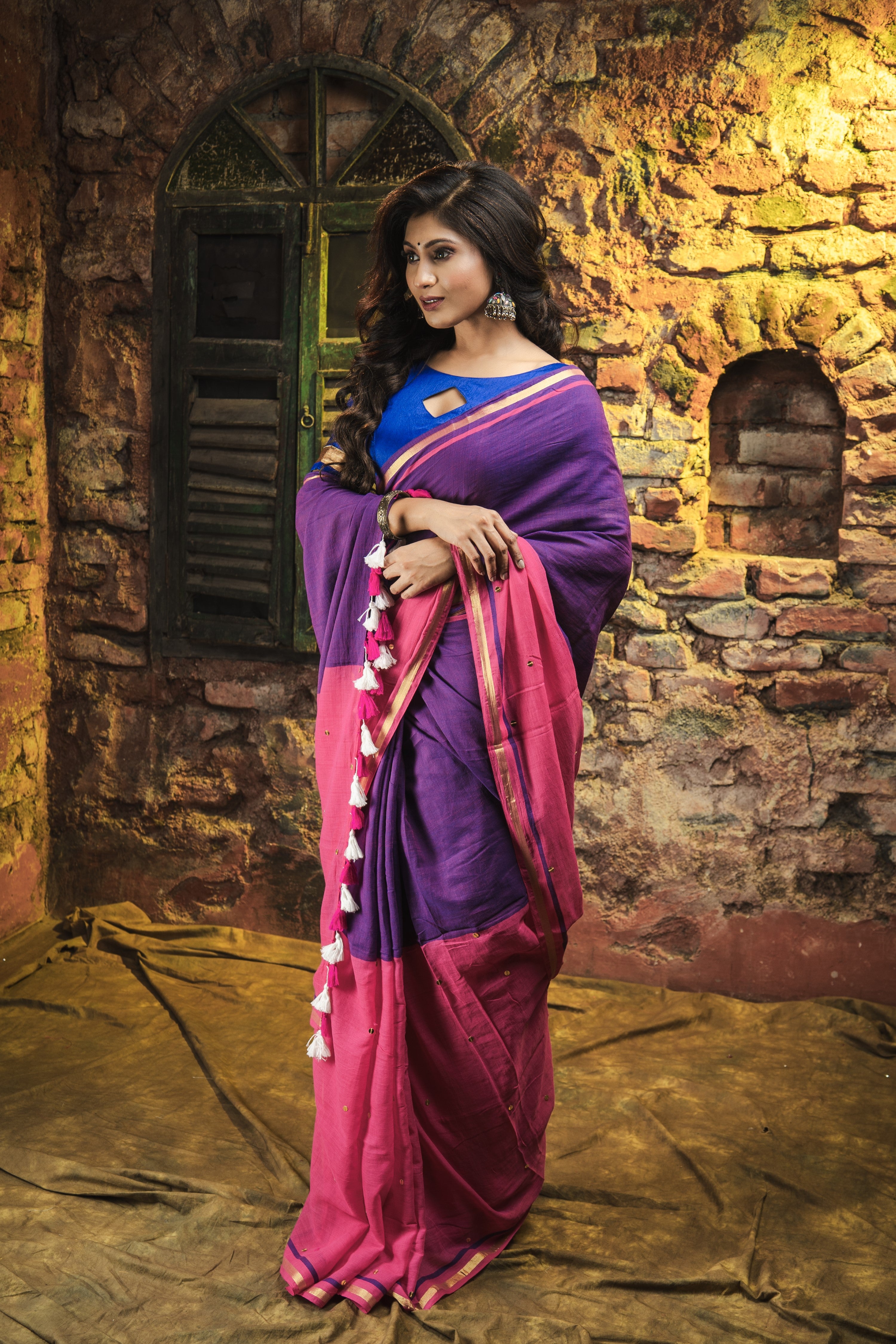 Mulmul Cotton Half-Half Saree with Sequence- Zari Work - Blue Rani