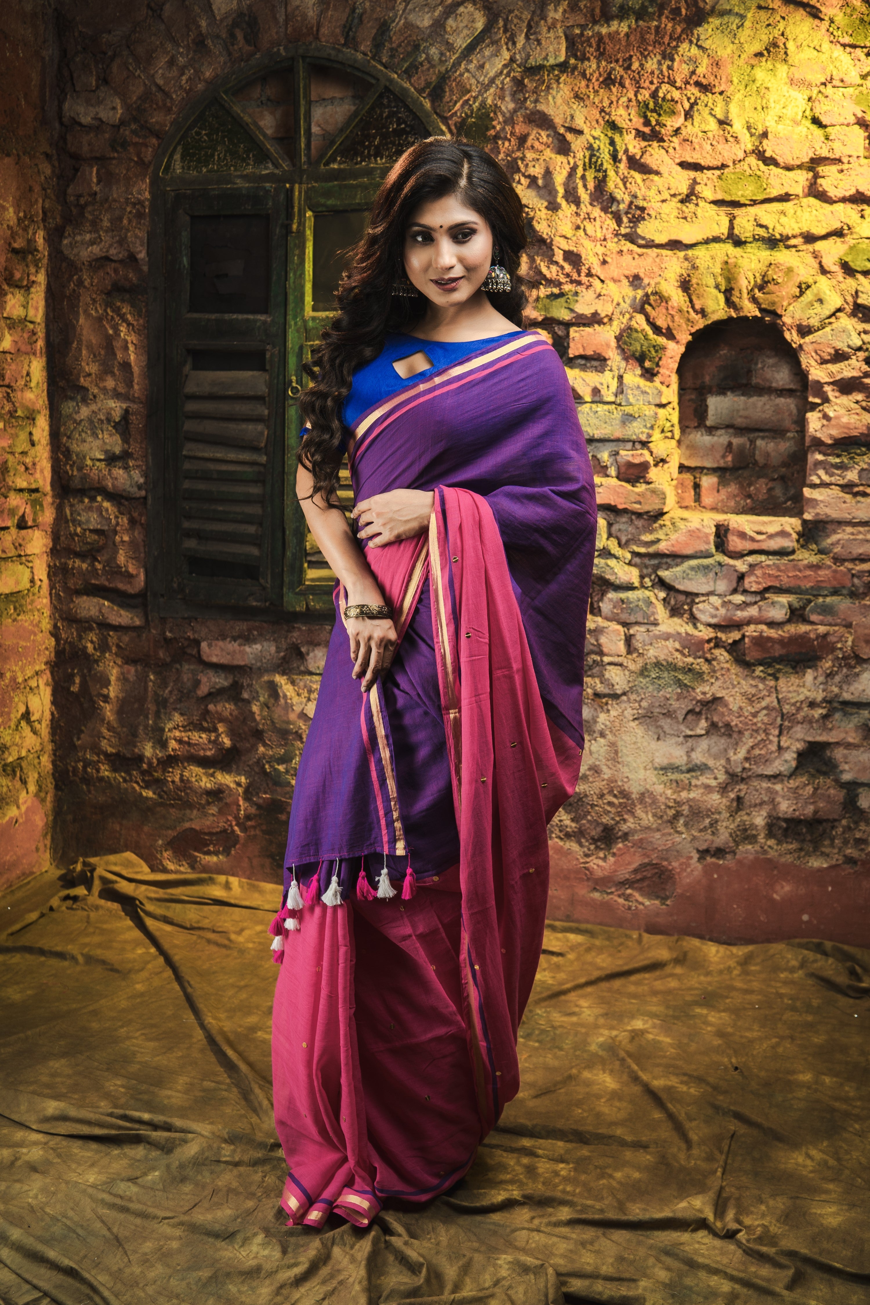 Mulmul Cotton Half-Half Saree with Sequence- Zari Work - Blue Rani