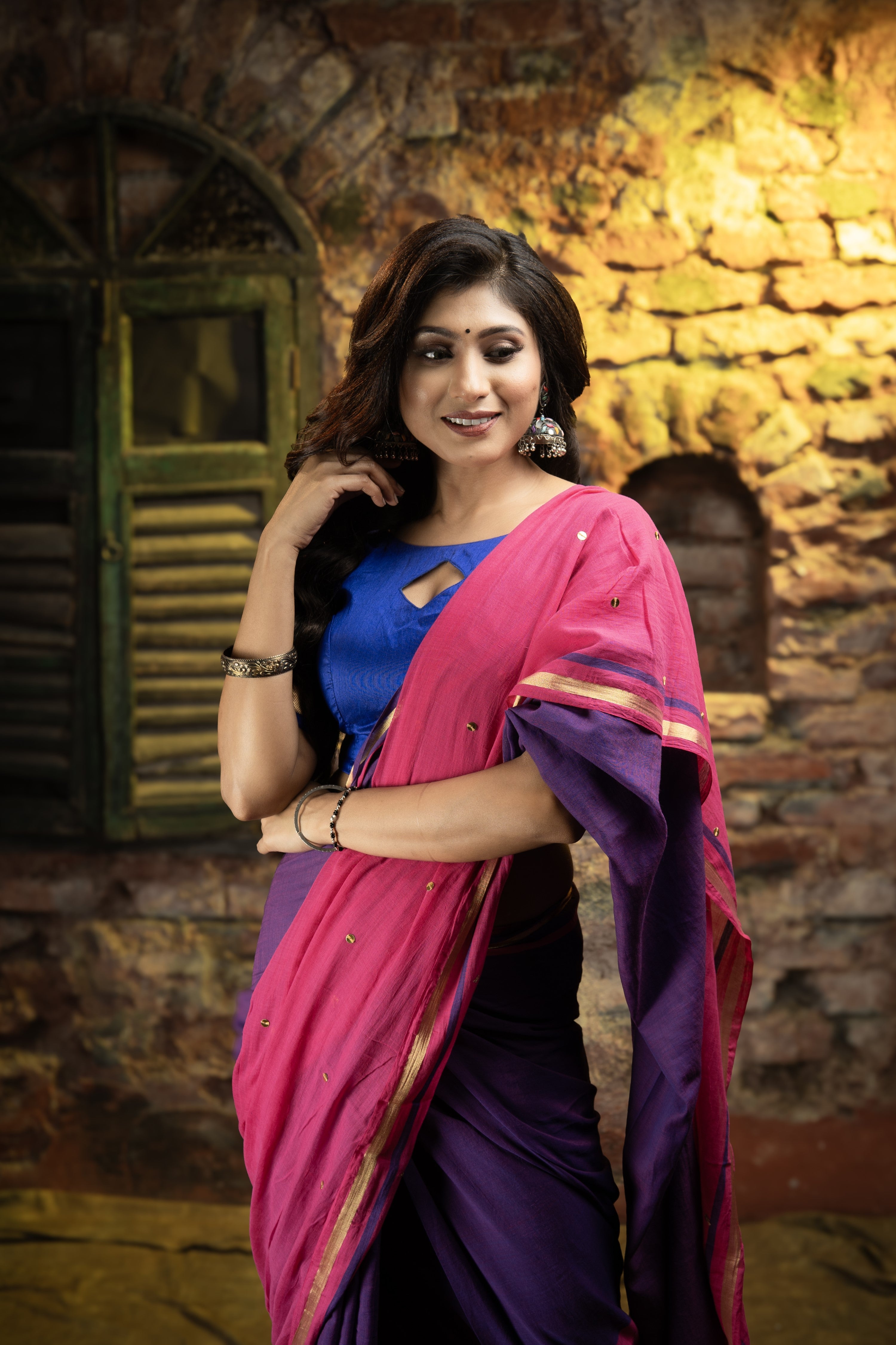 Mulmul Cotton Half-Half Saree with Sequence- Zari Work - Blue Rani